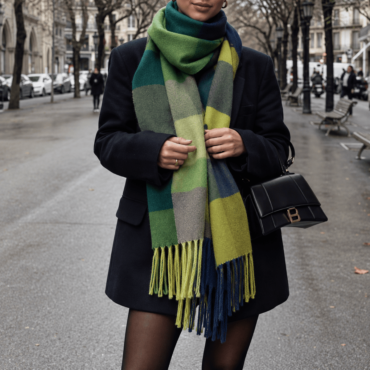 Isla – Women’s Oversized Plaid Fringed Blanket Scarf - Scarves & Shawls - Green - Sarvento