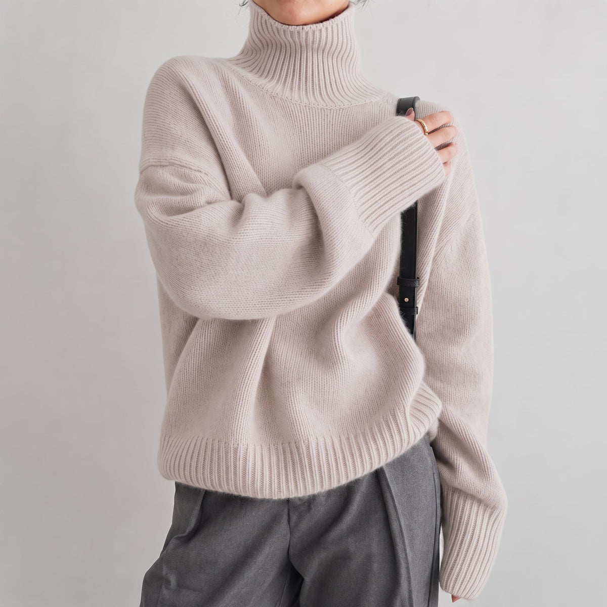 Isla - Women's Oversized Turtleneck Knit Sweater with Ribbed Cuffs - Sweaters - Khaki - Parker&Brooks
