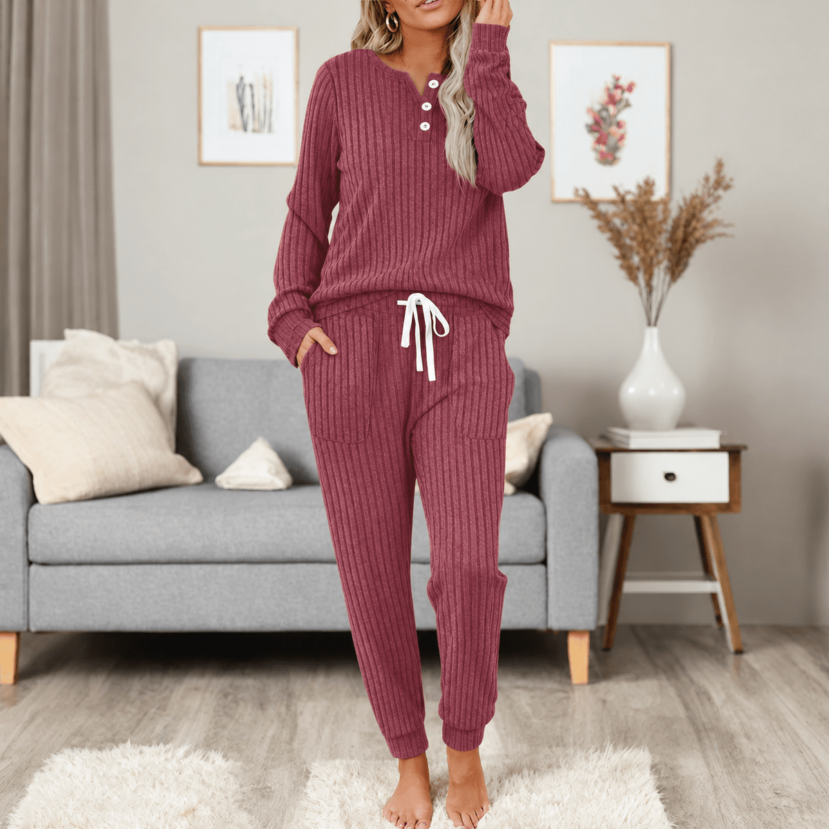 Isla – Women’s Ribbed Knit Henley Jogger Loungewear Set - Loungewear Sets - Red - Sarvento