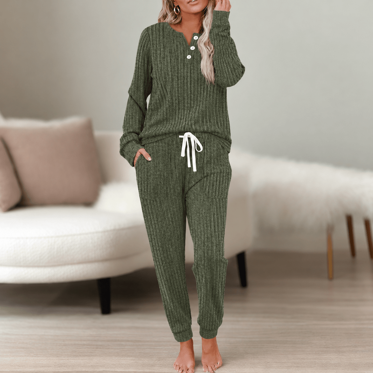 Isla – Women’s Ribbed Knit Henley Jogger Loungewear Set - Loungewear Sets - Green - Sarvento