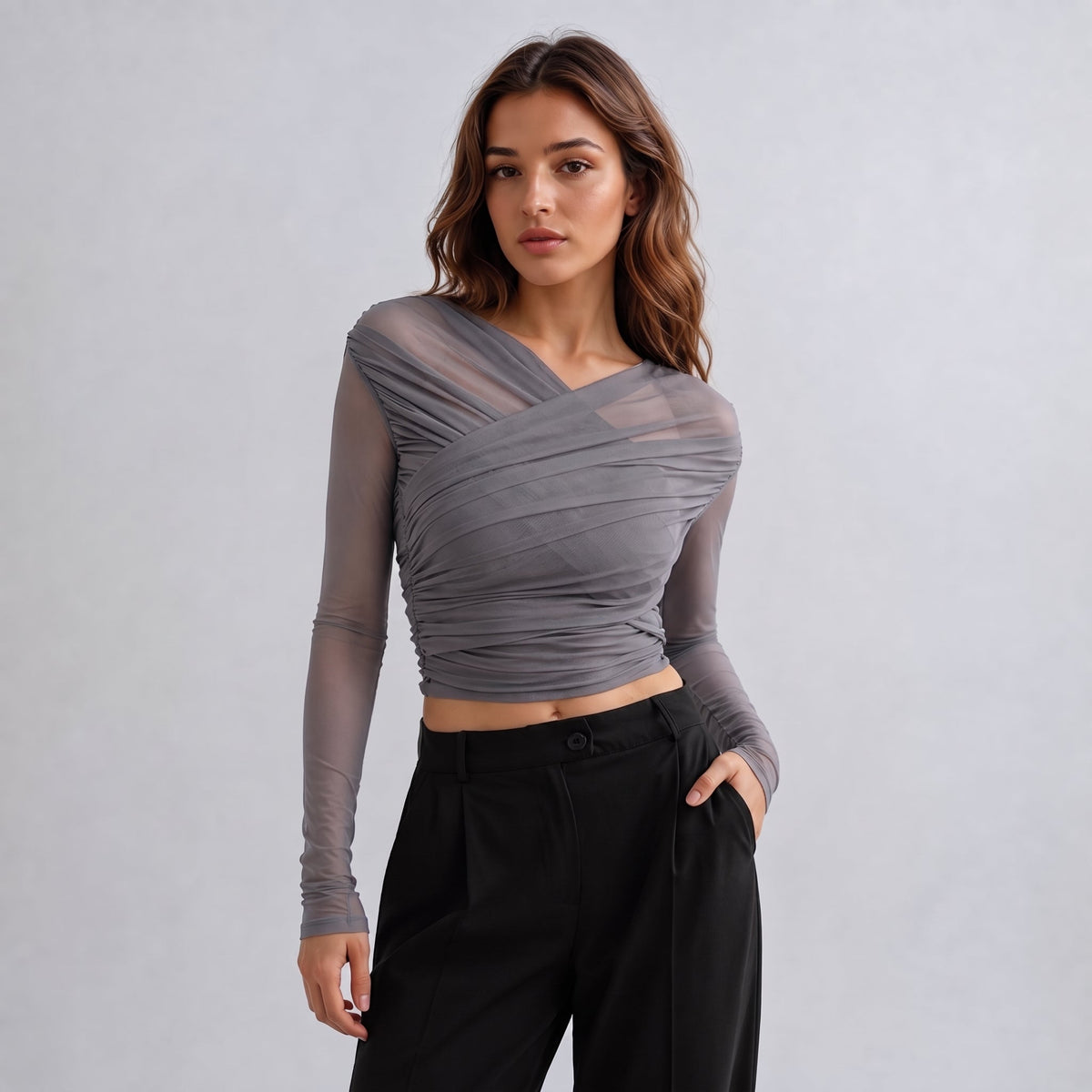 Isla - Women's Ruched Long Sleeve Mesh Top with Crossover V-Neck - Blouses - Grey - Parker&Brooks