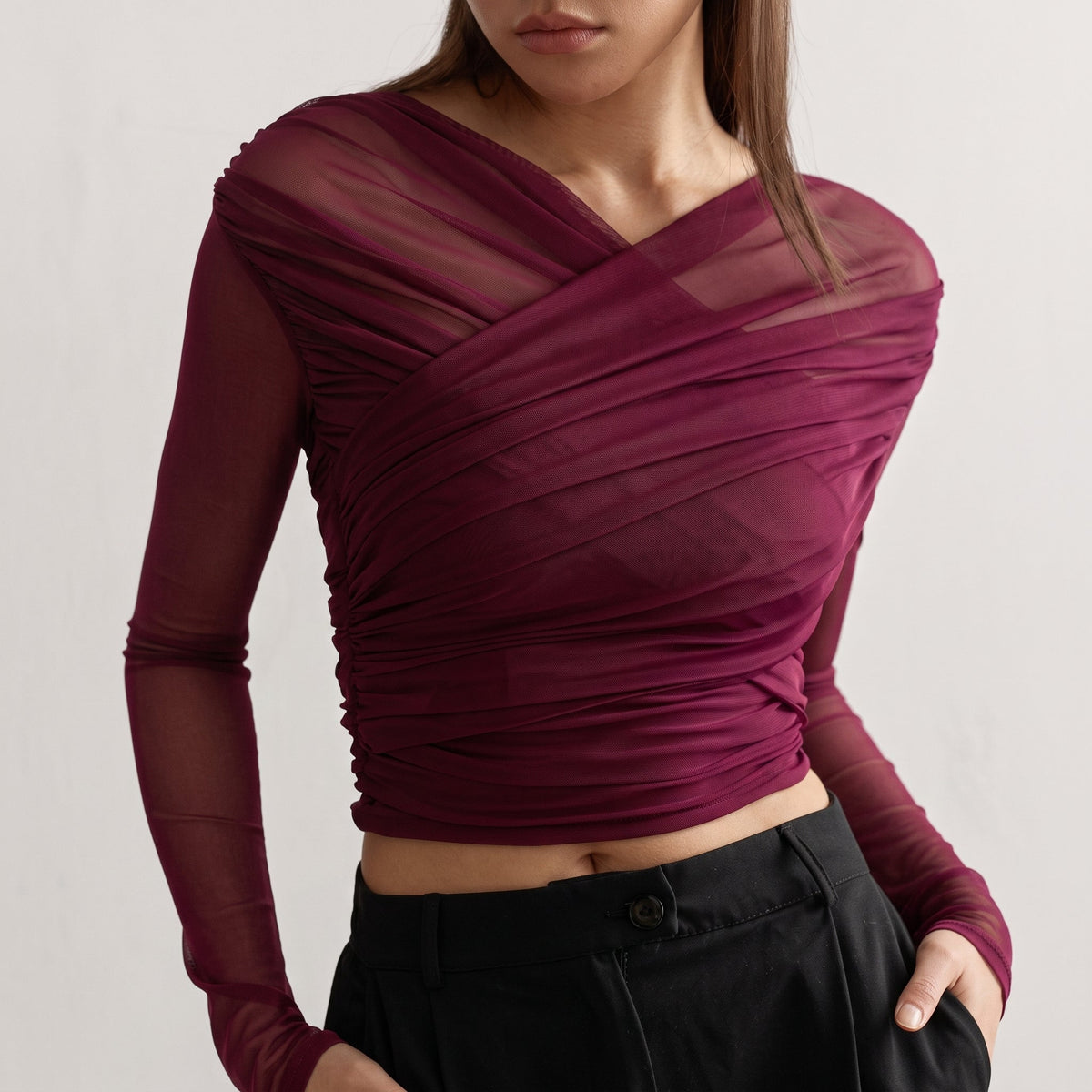 Isla - Women's Ruched Long Sleeve Mesh Top with Crossover V-Neck - Blouses - Wine Red - Parker&Brooks