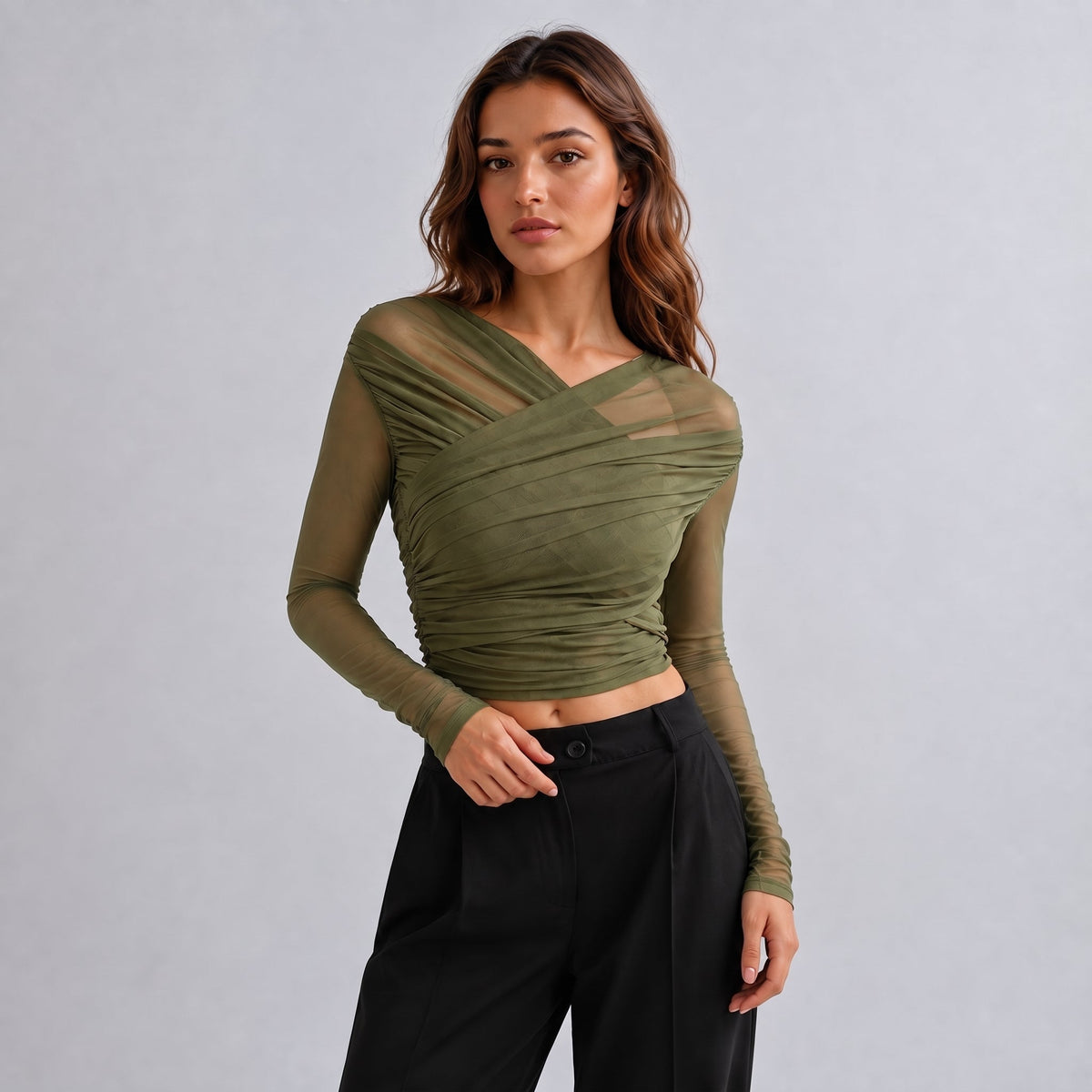 Isla - Women's Ruched Long Sleeve Mesh Top with Crossover V-Neck - Blouses - Olive Green - Parker&Brooks