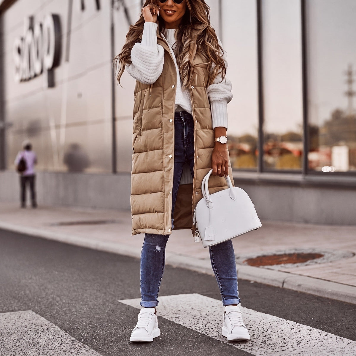 Isla - Women's Sleeveless Longline Quilted Puffer Gilet with Hood - Vests - Beige - Parker&Brooks