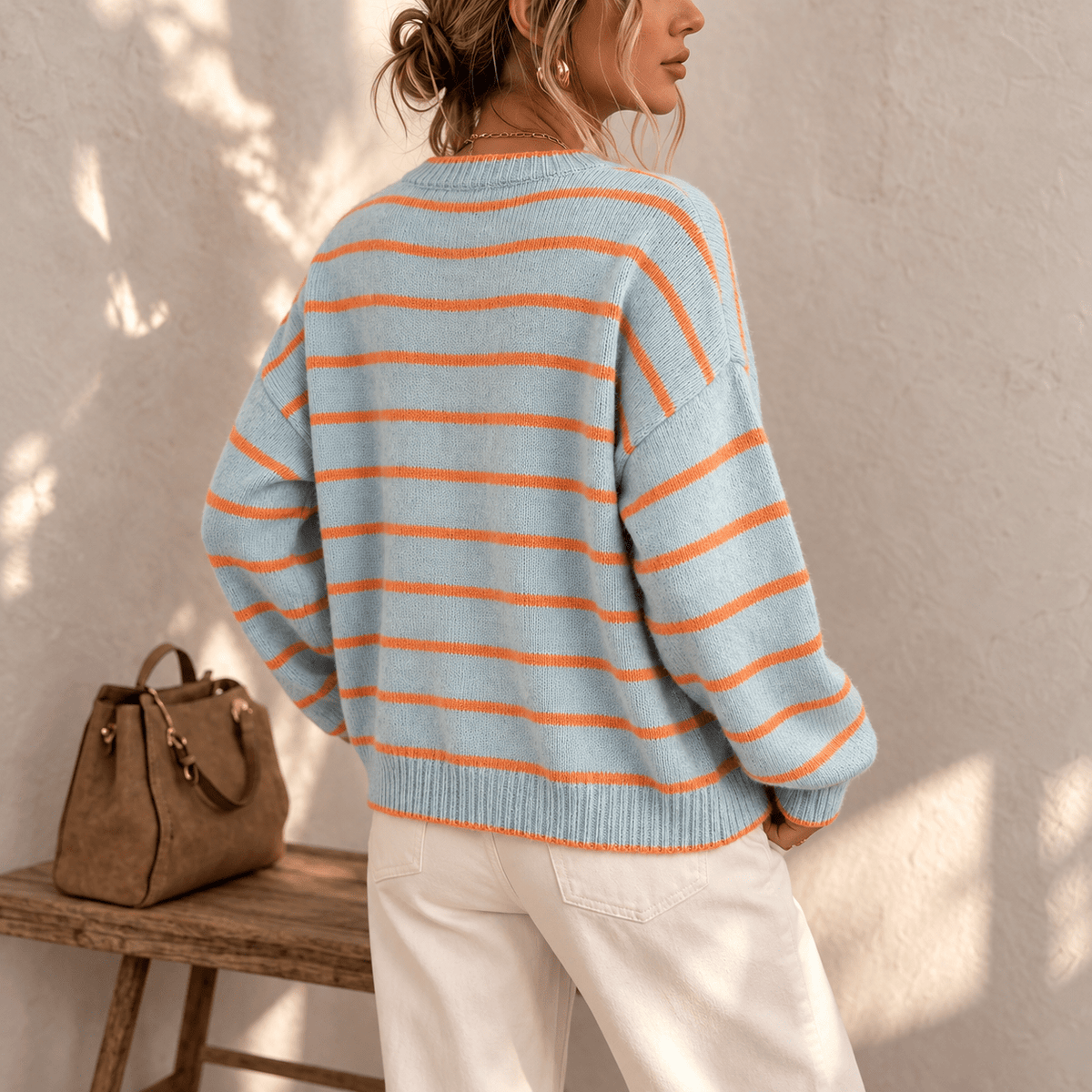 Ivy - Women's Crew Neck Oversized Striped Button-Front Cardigan - Cardigans - Light Blue - Sarvento