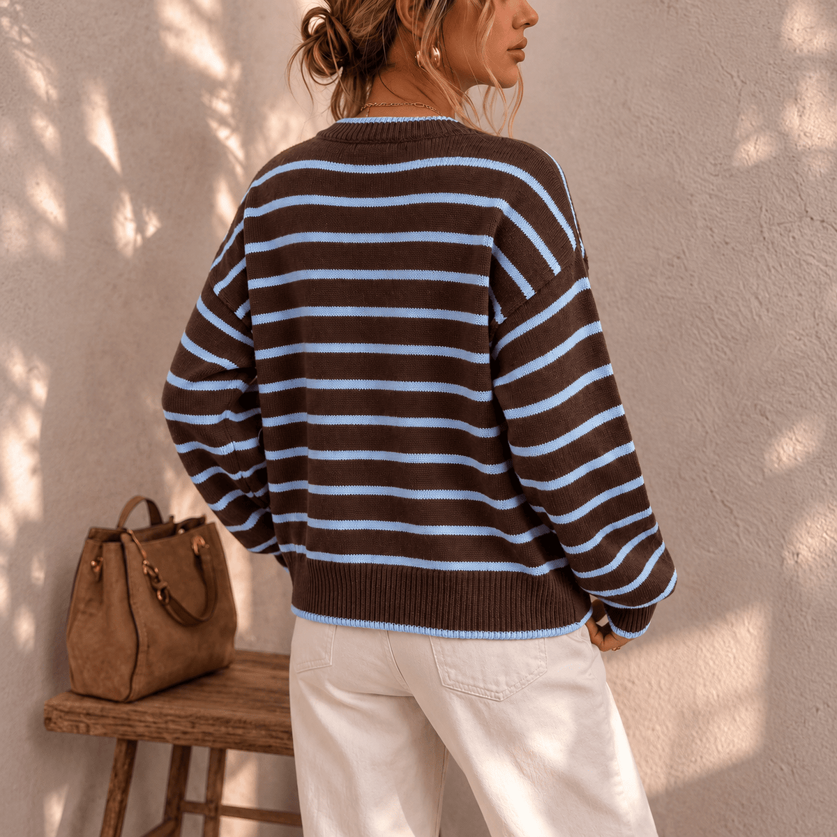 Ivy - Women's Crew Neck Oversized Striped Button-Front Cardigan - Cardigans - Brown - Sarvento