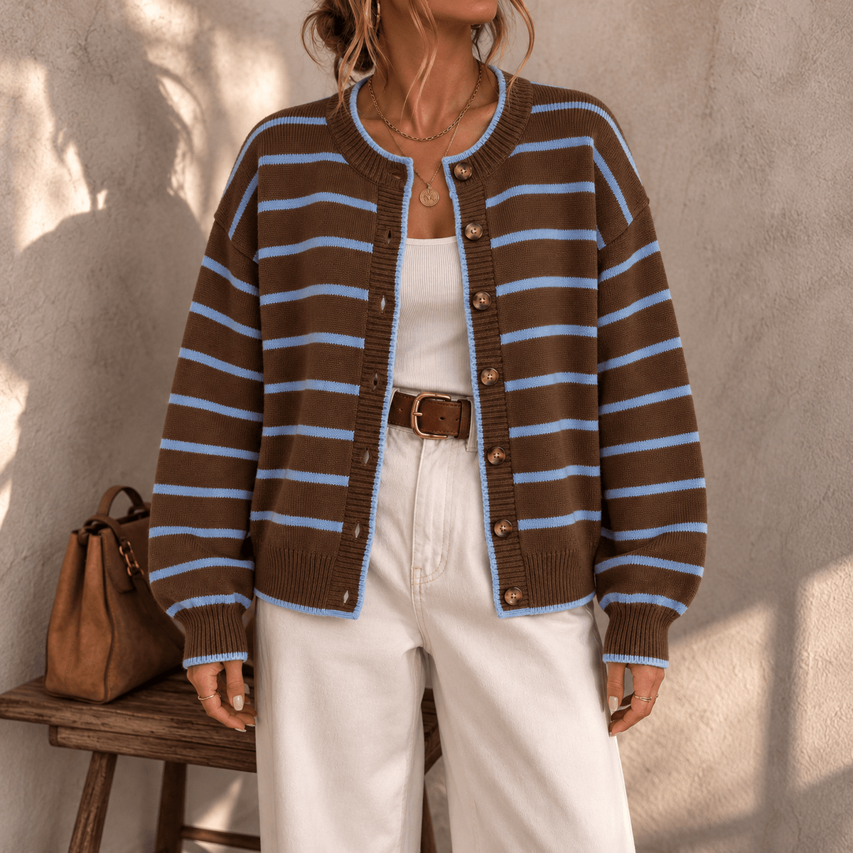 Ivy - Women's Crew Neck Oversized Striped Button-Front Cardigan - Cardigans - Brown - Sarvento