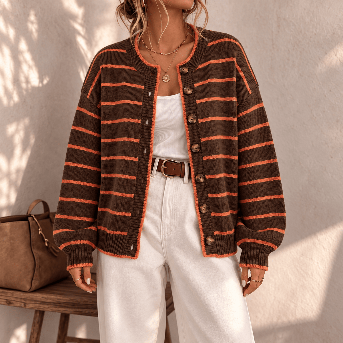 Ivy - Women's Crew Neck Oversized Striped Button-Front Cardigan - Cardigans - Dark Brown - Sarvento