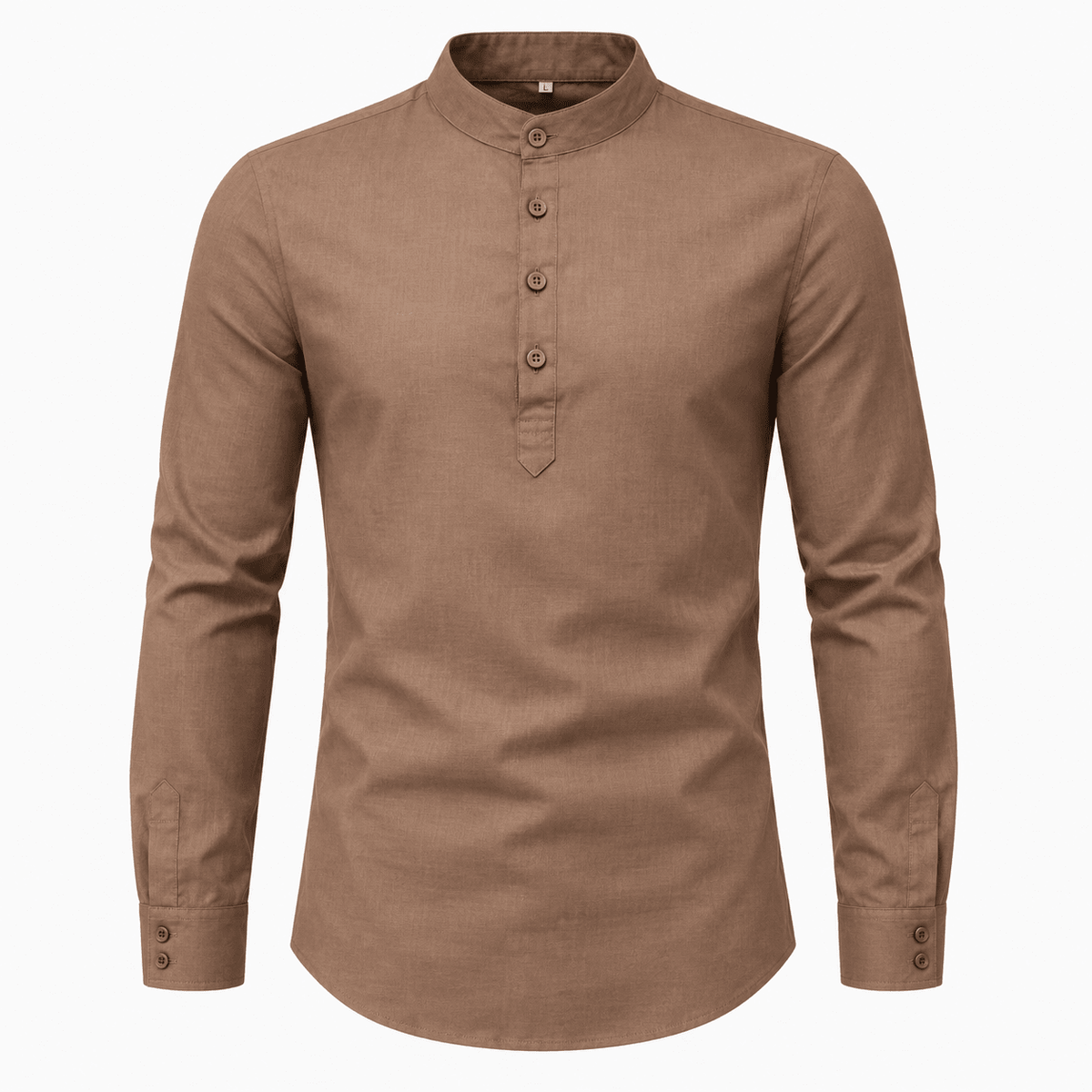 James - Men's Band Collar Henley Shirt with Long Sleeves - Shirts - Brown - Parker&Brooks
