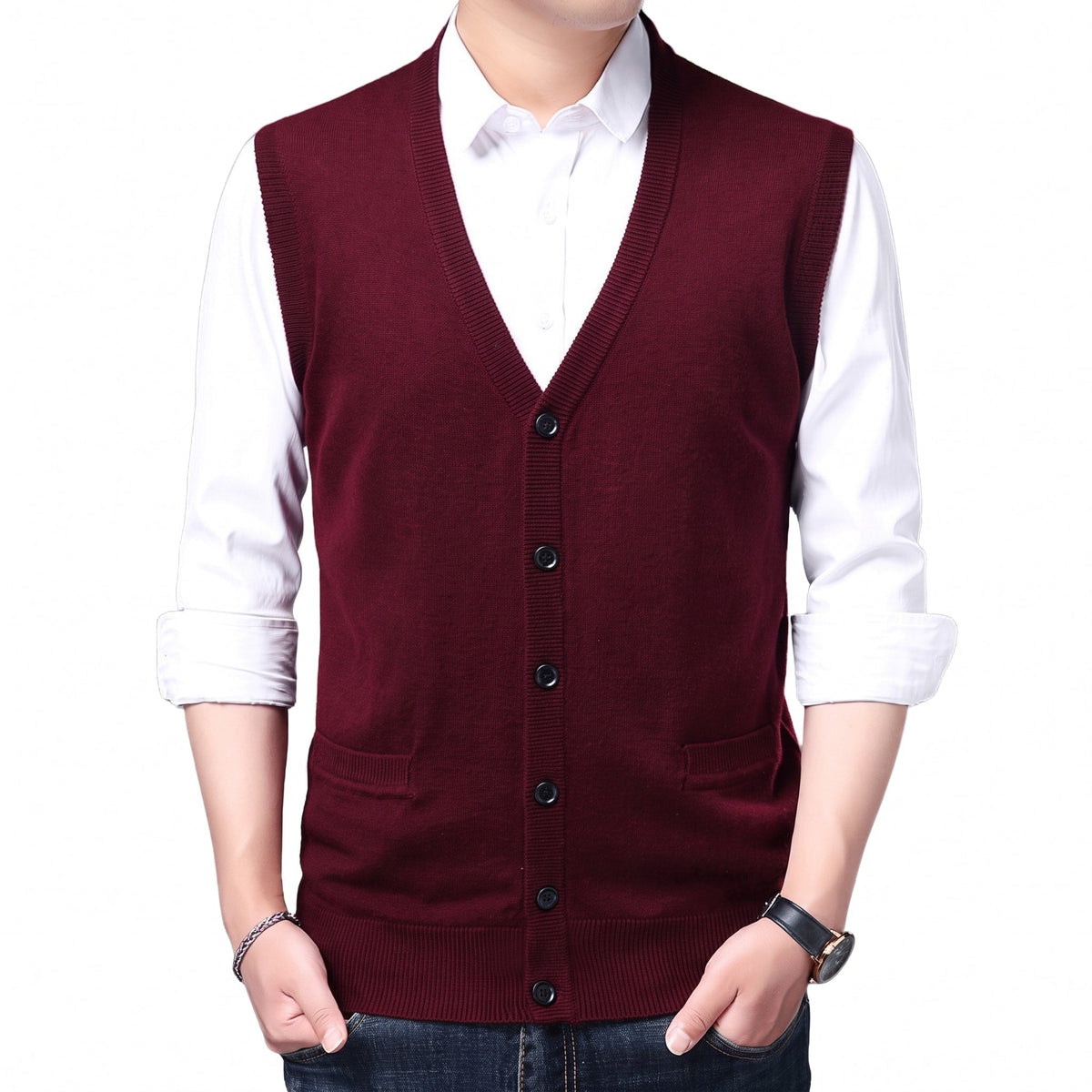 James - Men's Button-Front Knit Sweater Vest with V-Neck - Vests - Red - Parker&Brooks