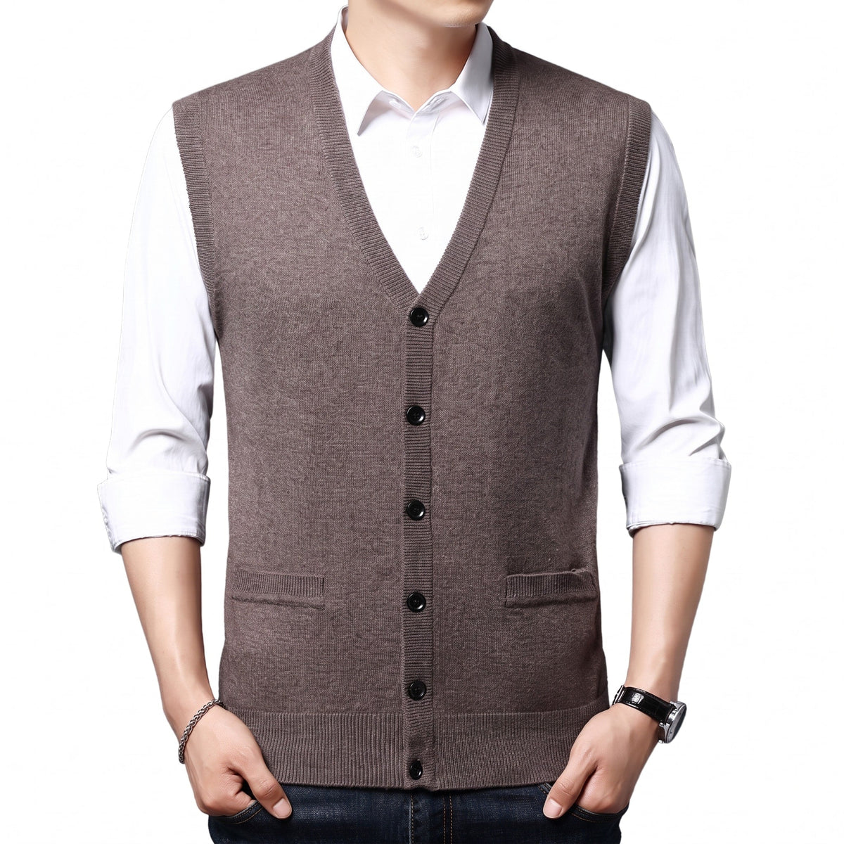 James - Men's Button-Front Knit Sweater Vest with V-Neck - Vests - Brown - Parker&Brooks