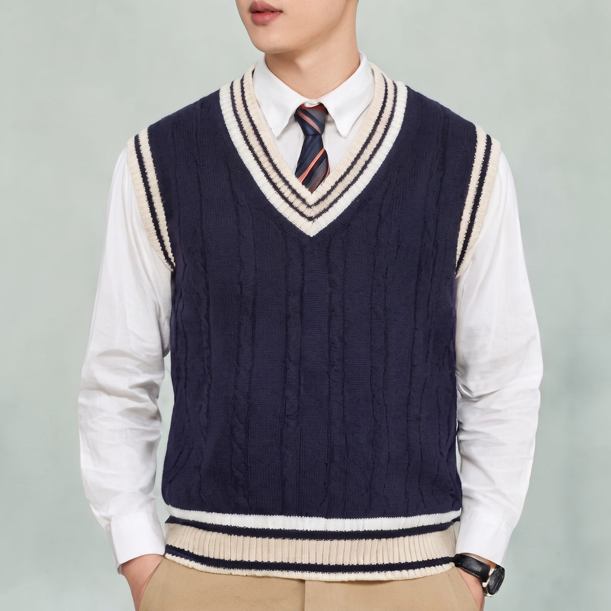 James - Men's Cotton Waist-Length Cricket Striped Sweater Vest - Sweaters - Blue - Sarvento