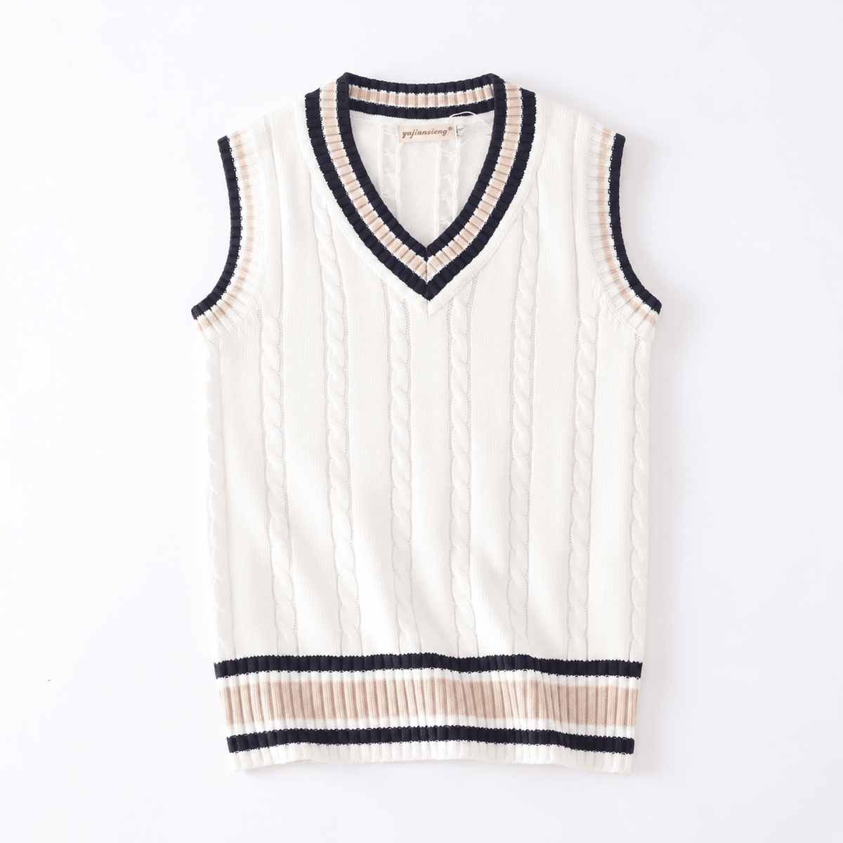 James - Men's Cotton Waist-Length Cricket Striped Sweater Vest - Sweaters - White - Sarvento
