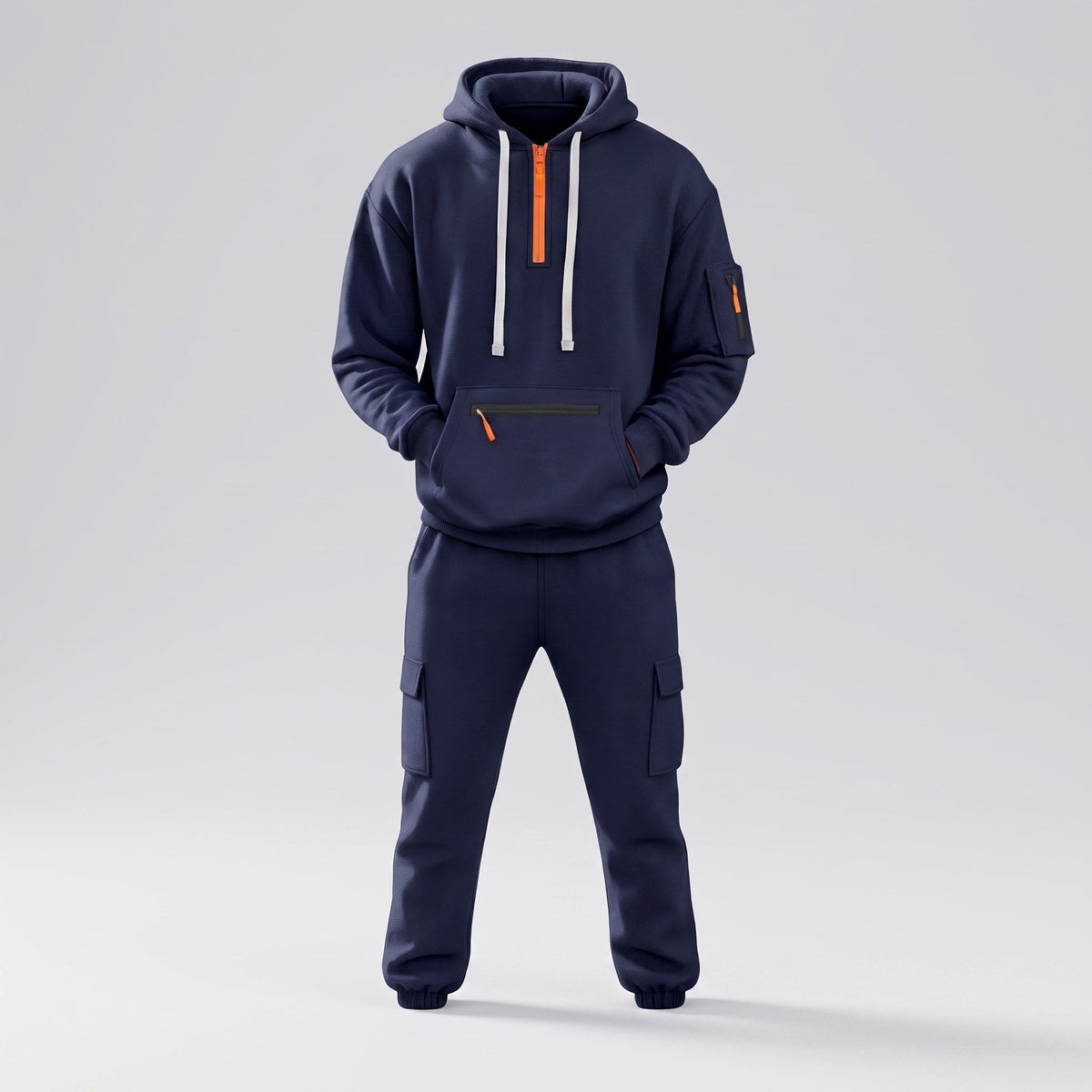 James - Men's Half-Zip Hoodie and Cargo Jogger Two-Piece Tracksuit Set - Outfit Sets - Navy Blue - Parker&Brooks