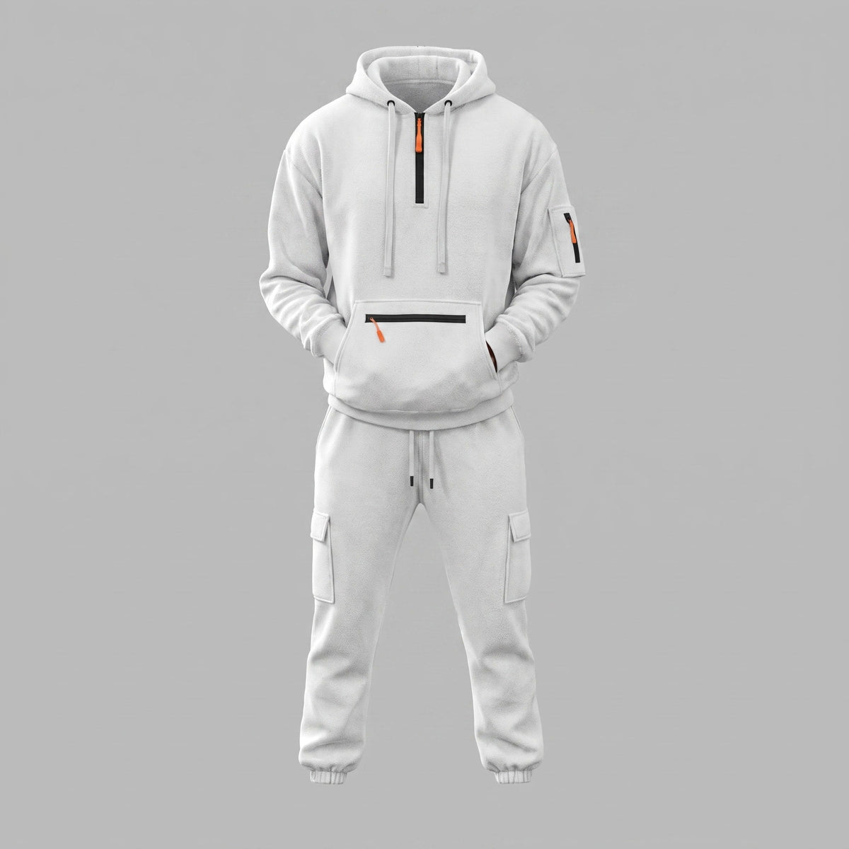 James - Men's Half-Zip Hoodie and Cargo Jogger Two-Piece Tracksuit Set - Outfit Sets - White - Parker&Brooks