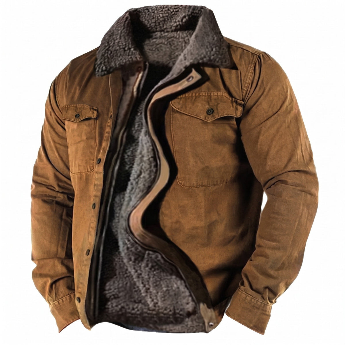 James - Men's Hooded Fleece-Collar Shacket with Button Chest Pockets - Coats & Jackets - Brown - Sarvento