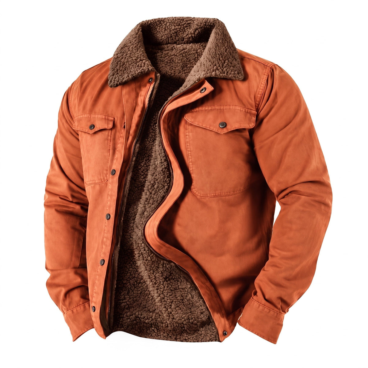James - Men's Hooded Fleece-Collar Shacket with Button Chest Pockets - Coats & Jackets - Orange - Sarvento