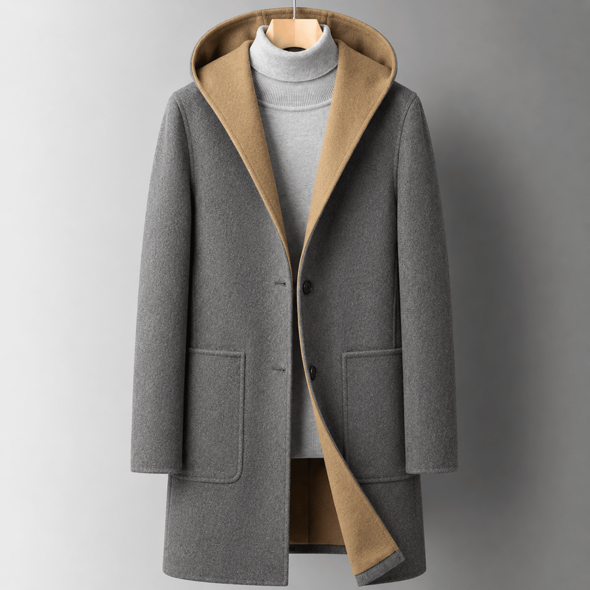 James - Men's Hooded Longline Overcoat with Contrast Lining - Overcoats - Gray - Parker&Brooks