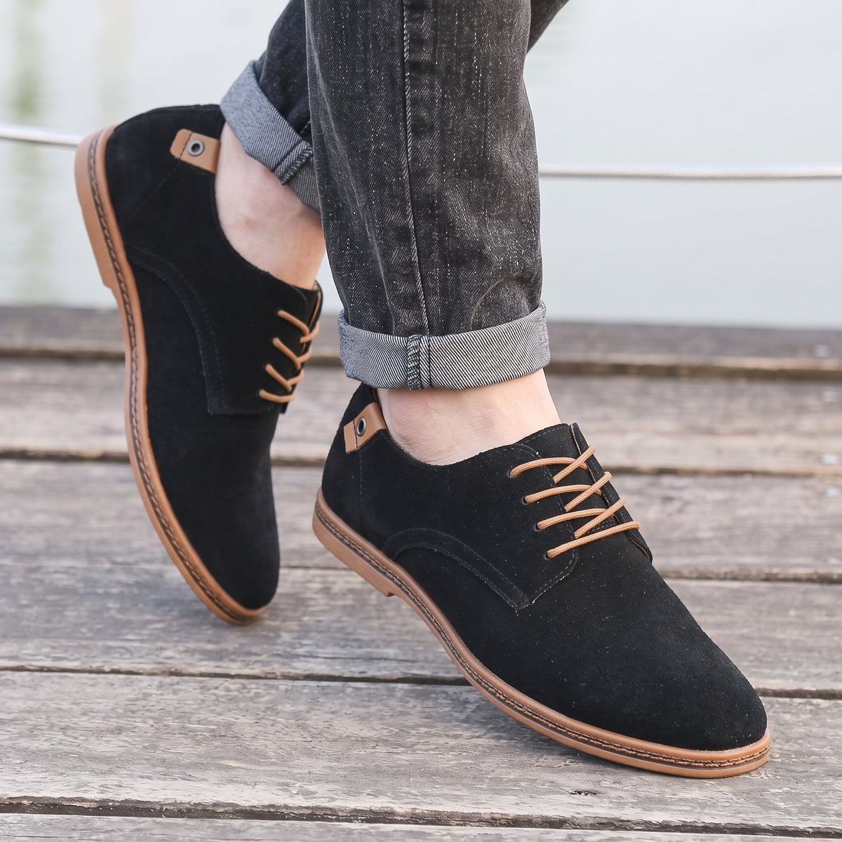 James - Men's Lace-Up Derby Shoes with Textured Suede-Look Finish - Shoes - Black - Parker&Brooks
