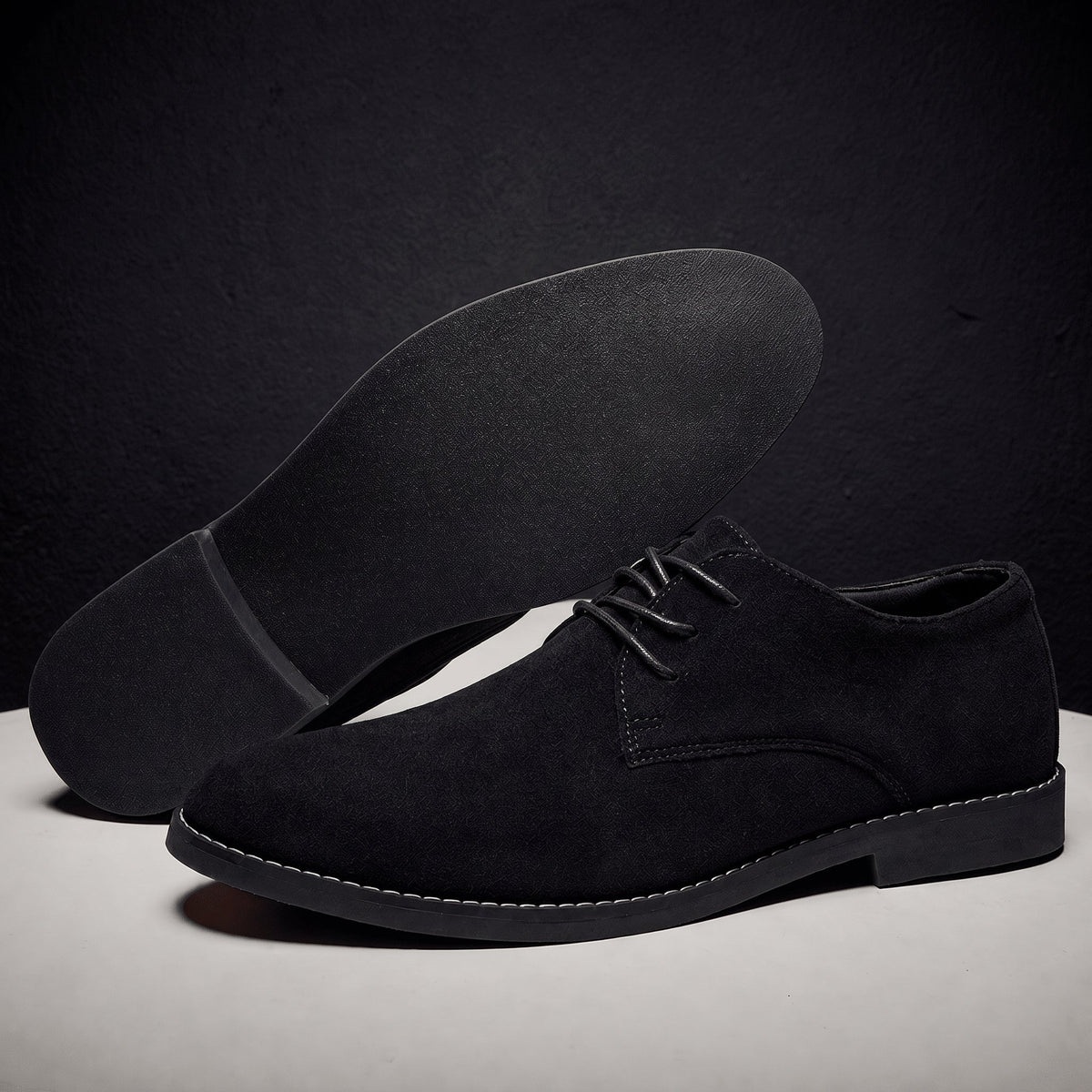 James - Men's Lace-Up Pointed Toe Oxford Shoes with Stitched Detail - Flats - Black - Parker&Brooks