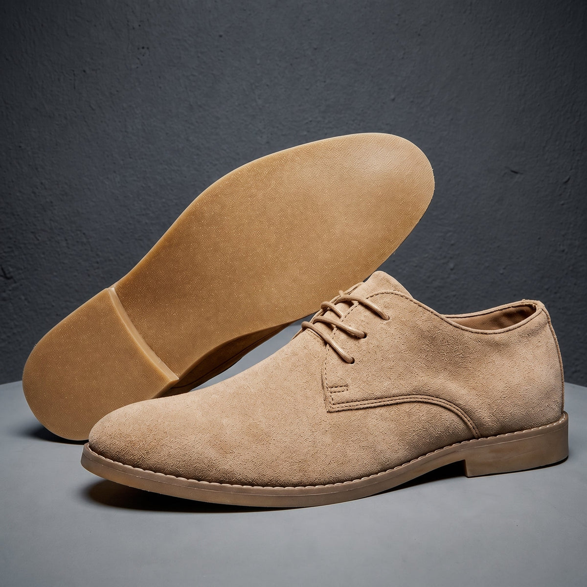 James - Men's Lace-Up Pointed Toe Oxford Shoes with Stitched Detail - Flats - Khaki - Parker&Brooks