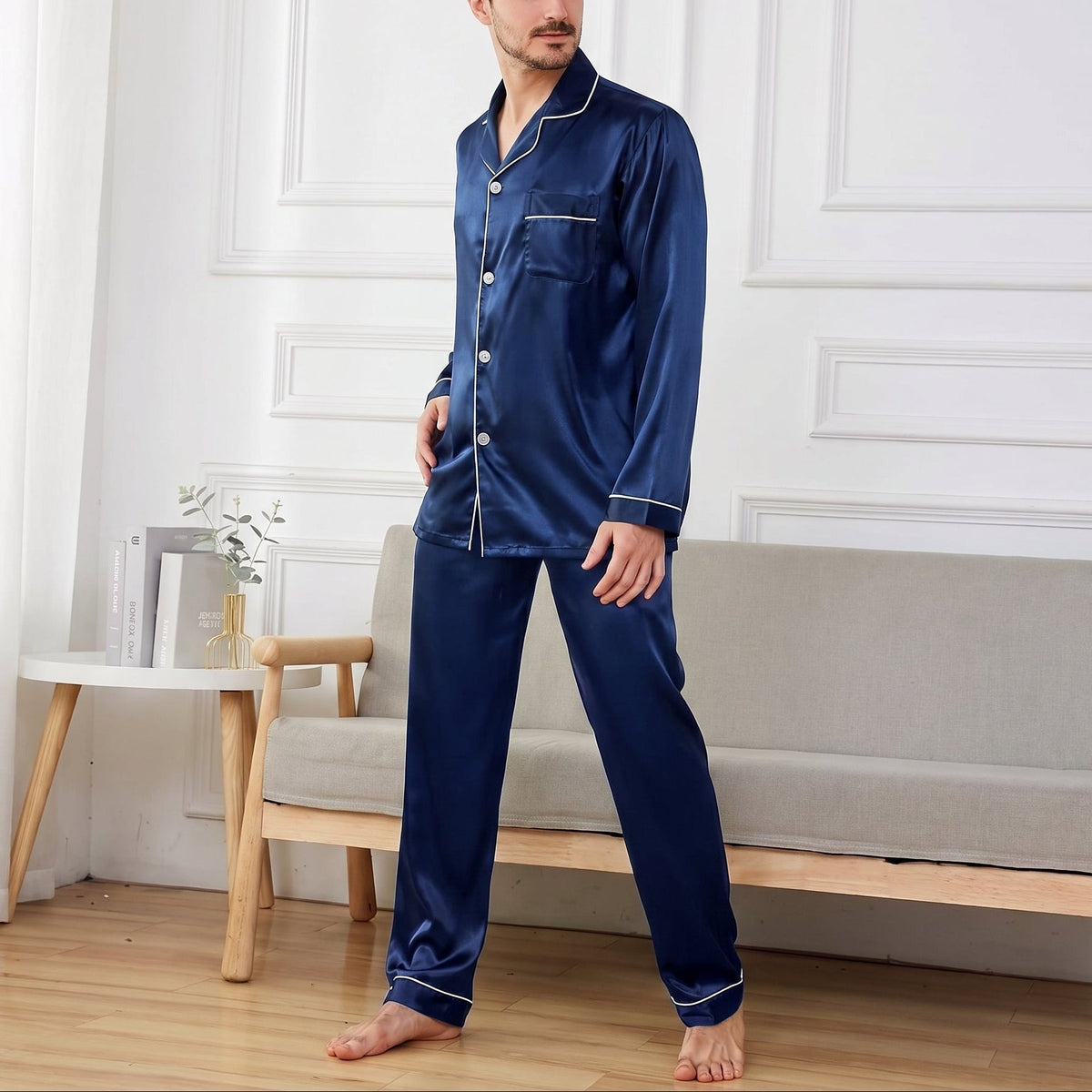James - Men's Long Sleeve Button-Front Pajama Set with Contrast Piping - Pajama Set - Blue - Sarvento