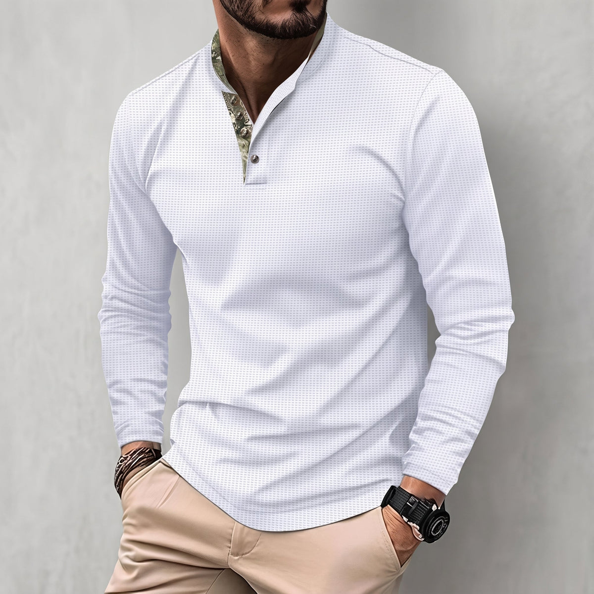 James - Men's Long Sleeve Henley Polo Shirt with Contrast Placket - Polos - White - Parker&Brooks