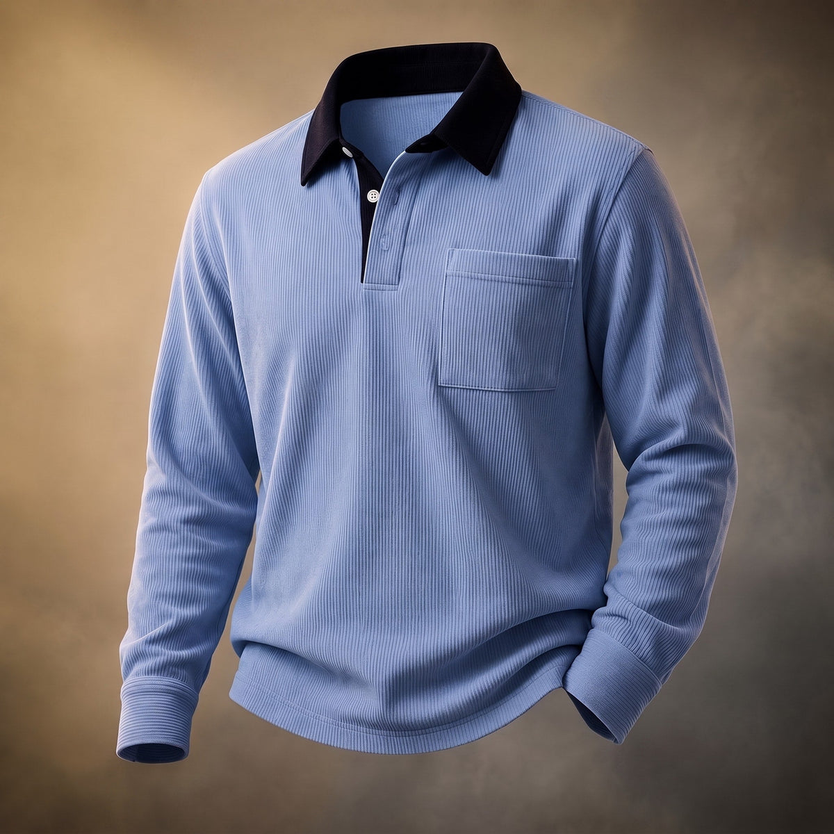 James - Men's Long Sleeve Ribbed Polo Shirt with Chest Pocket - Polos - Blue - Parker&Brooks