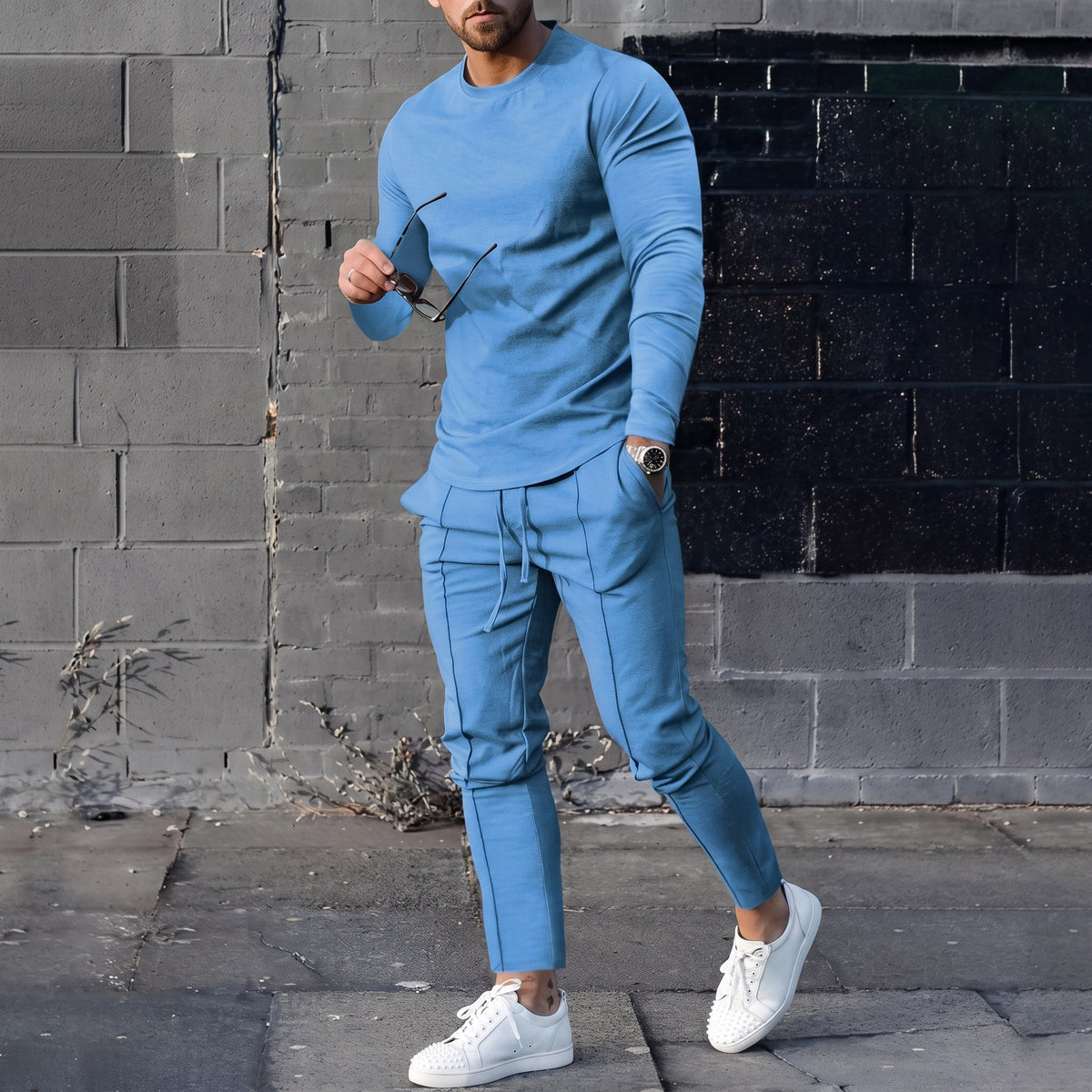James - Men's Long Sleeve T-Shirt and Jogger Two-Piece Set - Loungewear Sets - Blue - Parker&Brooks