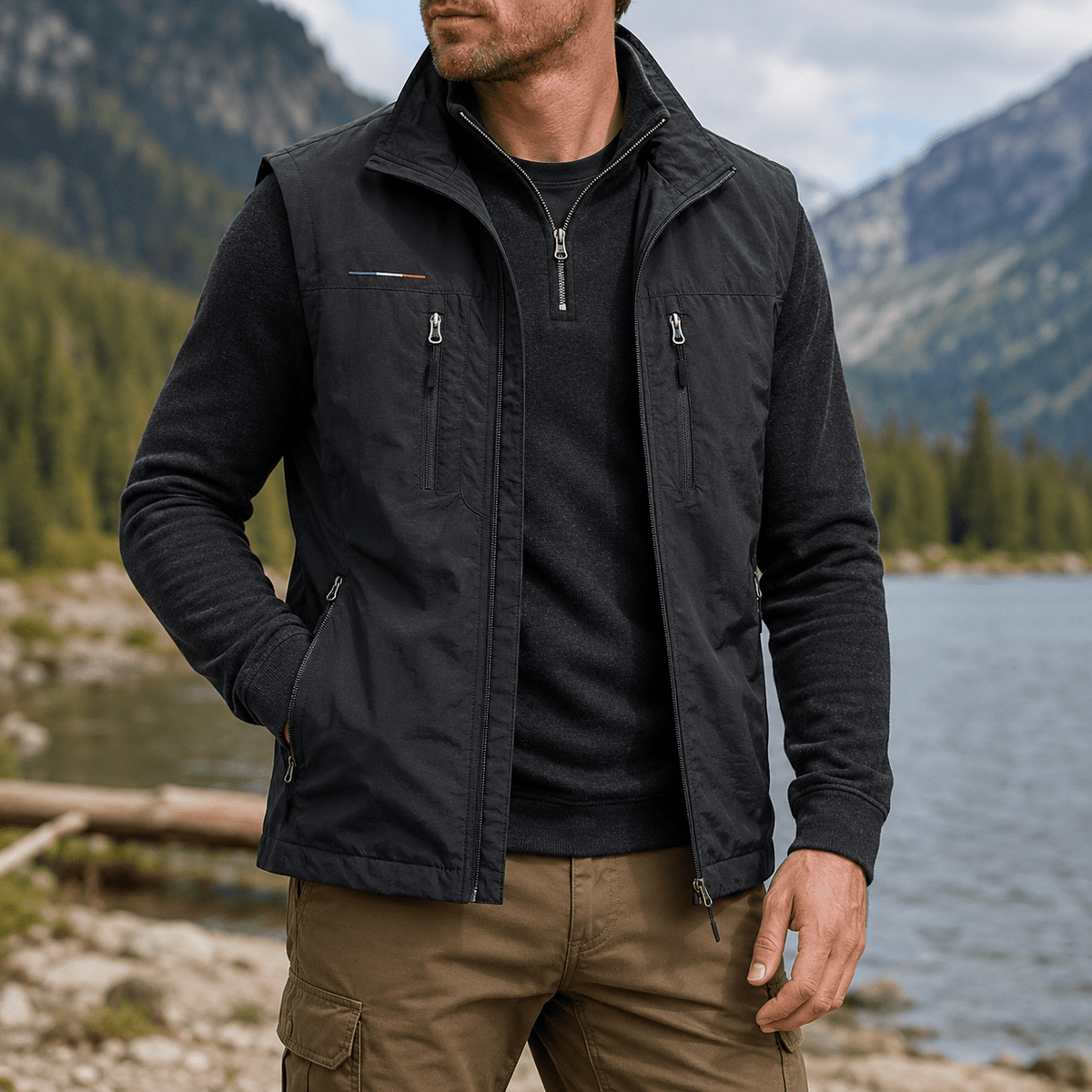 James - Men's Multi-Pocket Zip-Up Gilet with Stand Collar - Vests - Black - Parker&Brooks