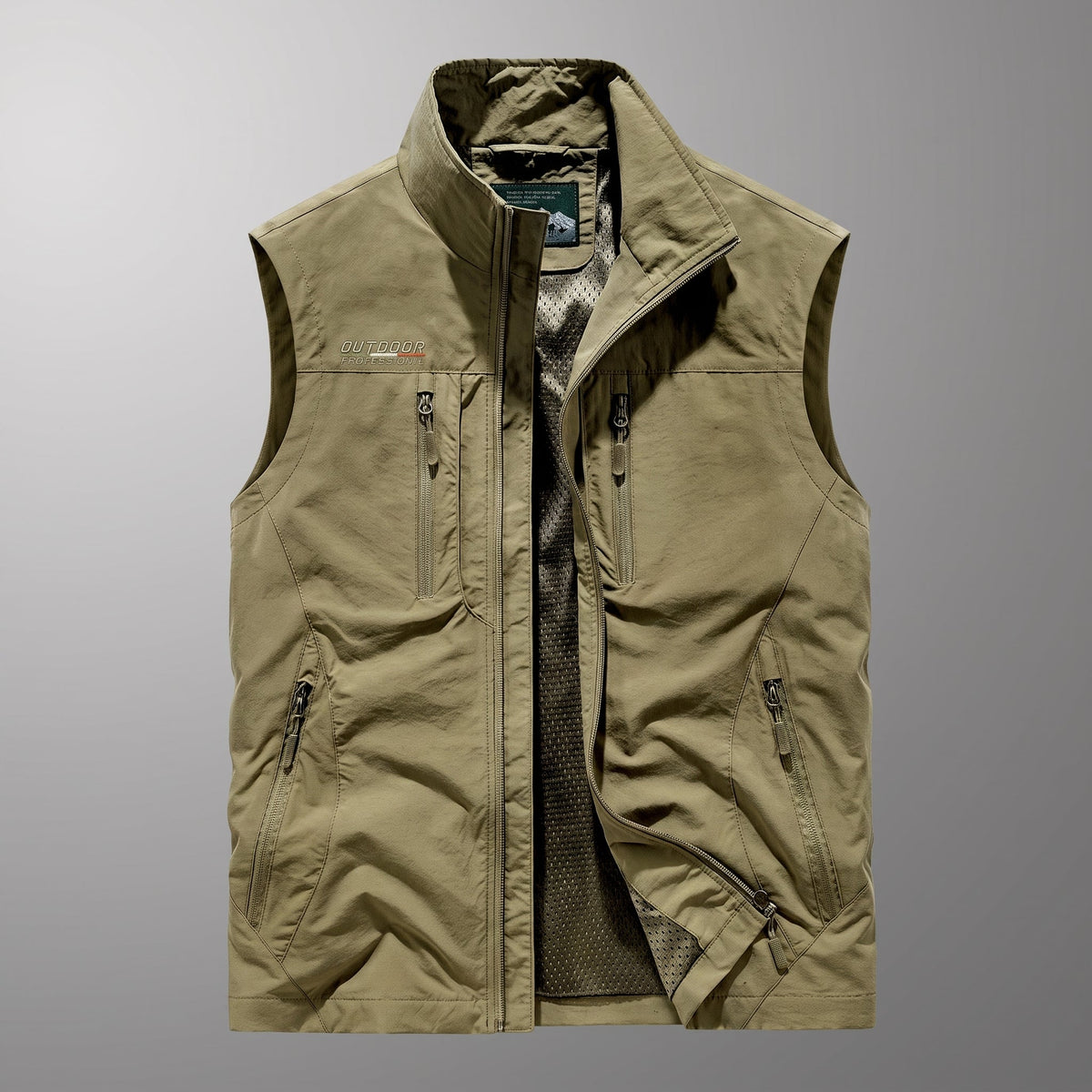 James - Men's Multi-Pocket Zip-Up Gilet with Stand Collar - Vests - Khaki - Parker&Brooks