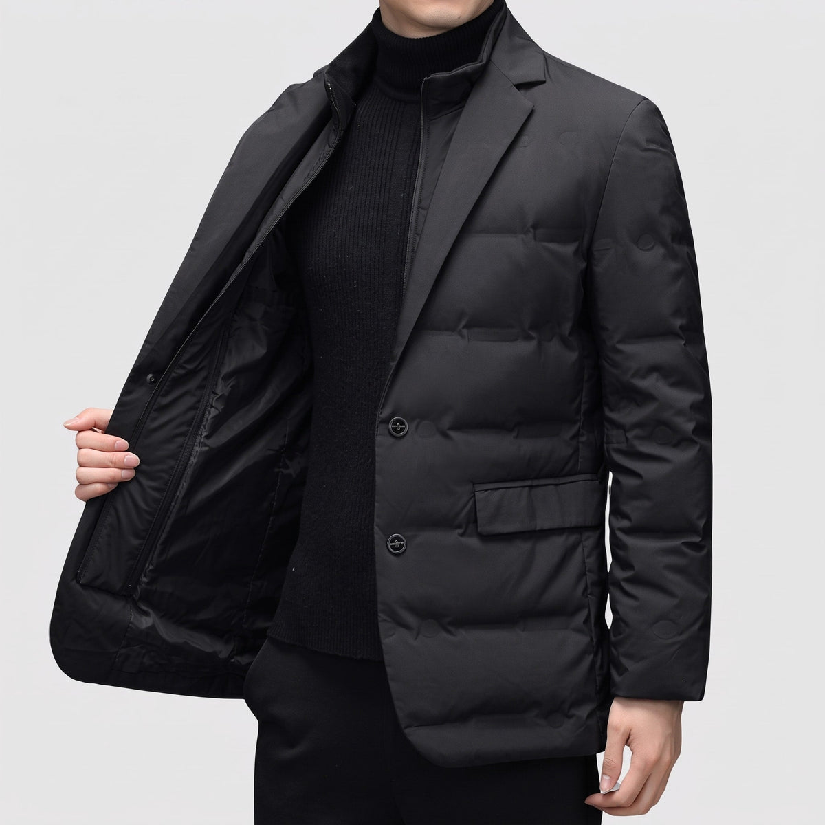 James - Men's Notch Lapel Quilted Puffer Jacket - Coats & Jackets - Black - Sarvento