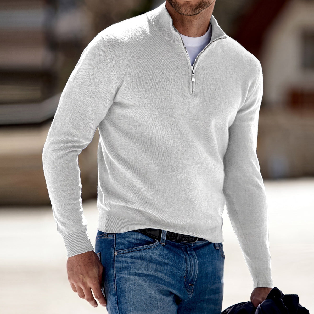 James - Men's Quarter-Zip Sweater with Ribbed Cuffs - Sweaters - White - Parker&Brooks