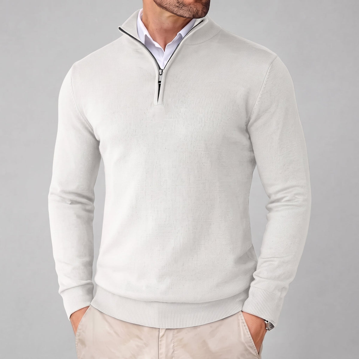 James - Men's Quarter-Zip Sweater with Stand Collar - Sweaters - White - Sarvento