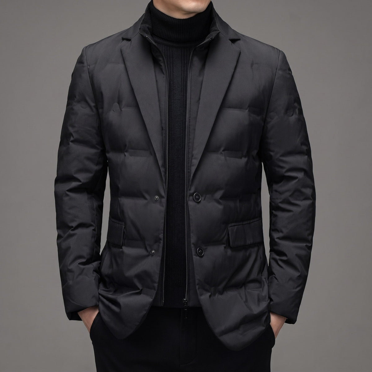 James - Men's Quilted Puffer Jacket with Notch Lapel - Puffer Jacket - Black - Parker&Brooks