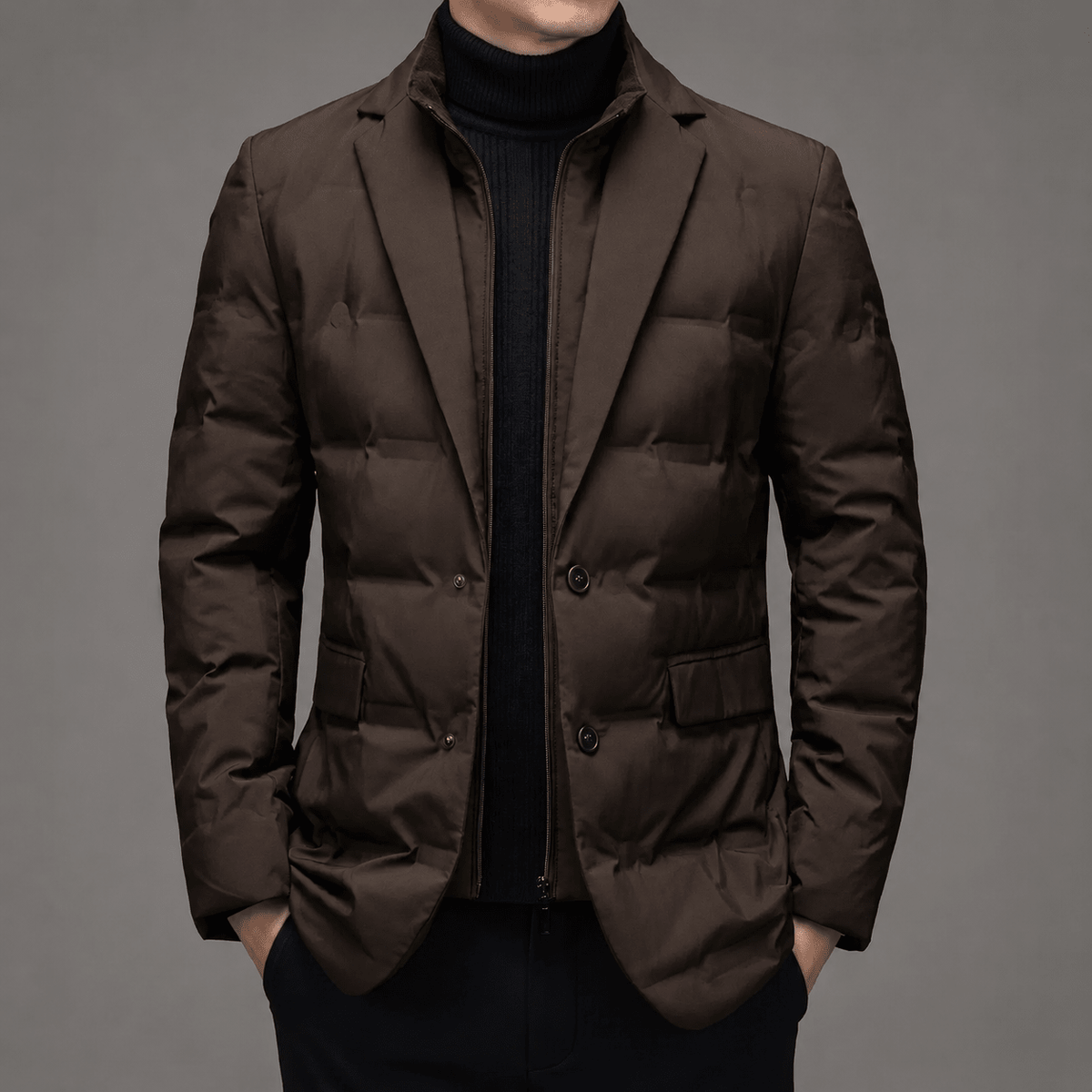 James - Men's Quilted Puffer Jacket with Notch Lapel - Puffer Jacket - Brown - Parker&Brooks