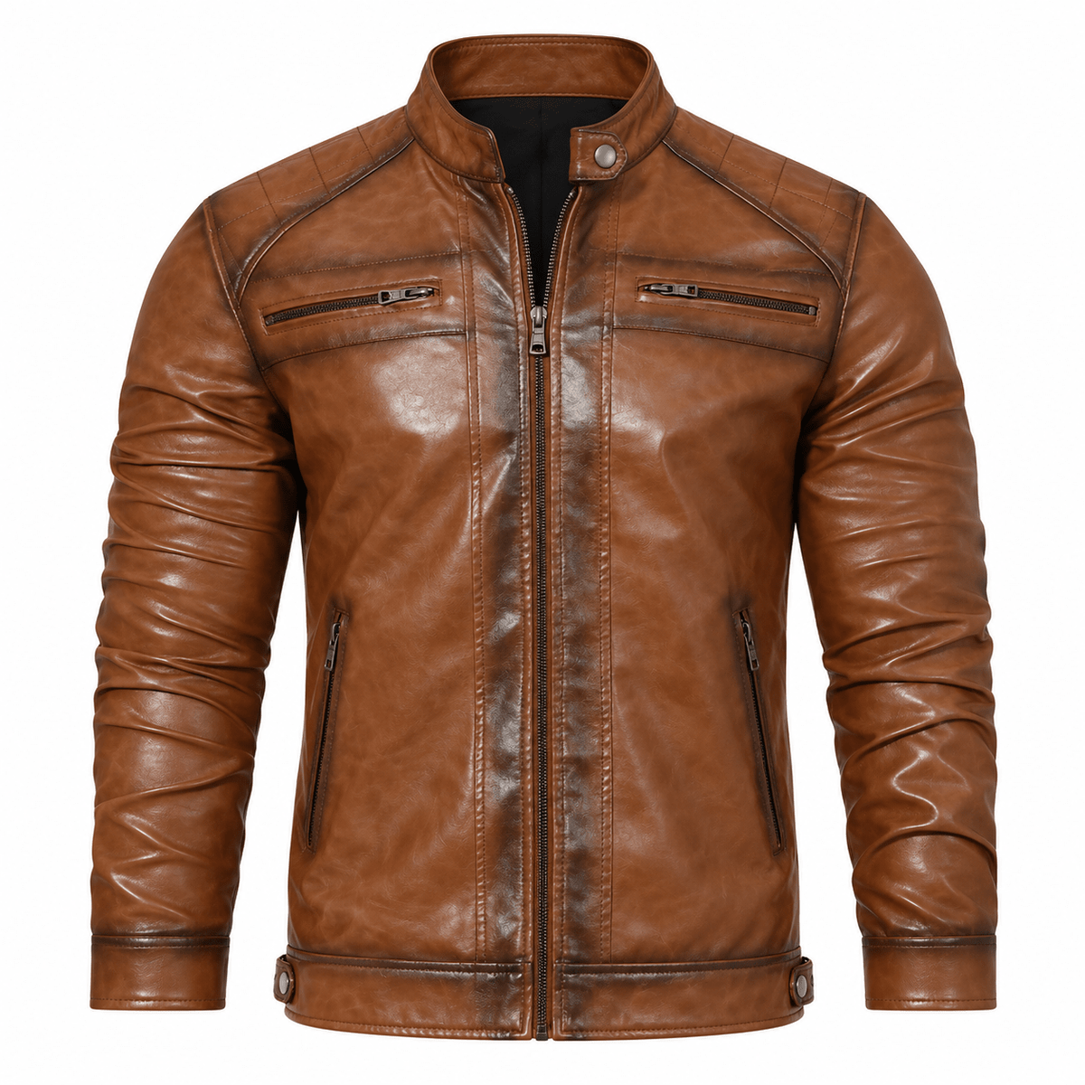 James - Men's Quilted Shoulder Moto Jacket with Zip Pockets - Motorcycle Outerwear - Brown - Sarvento