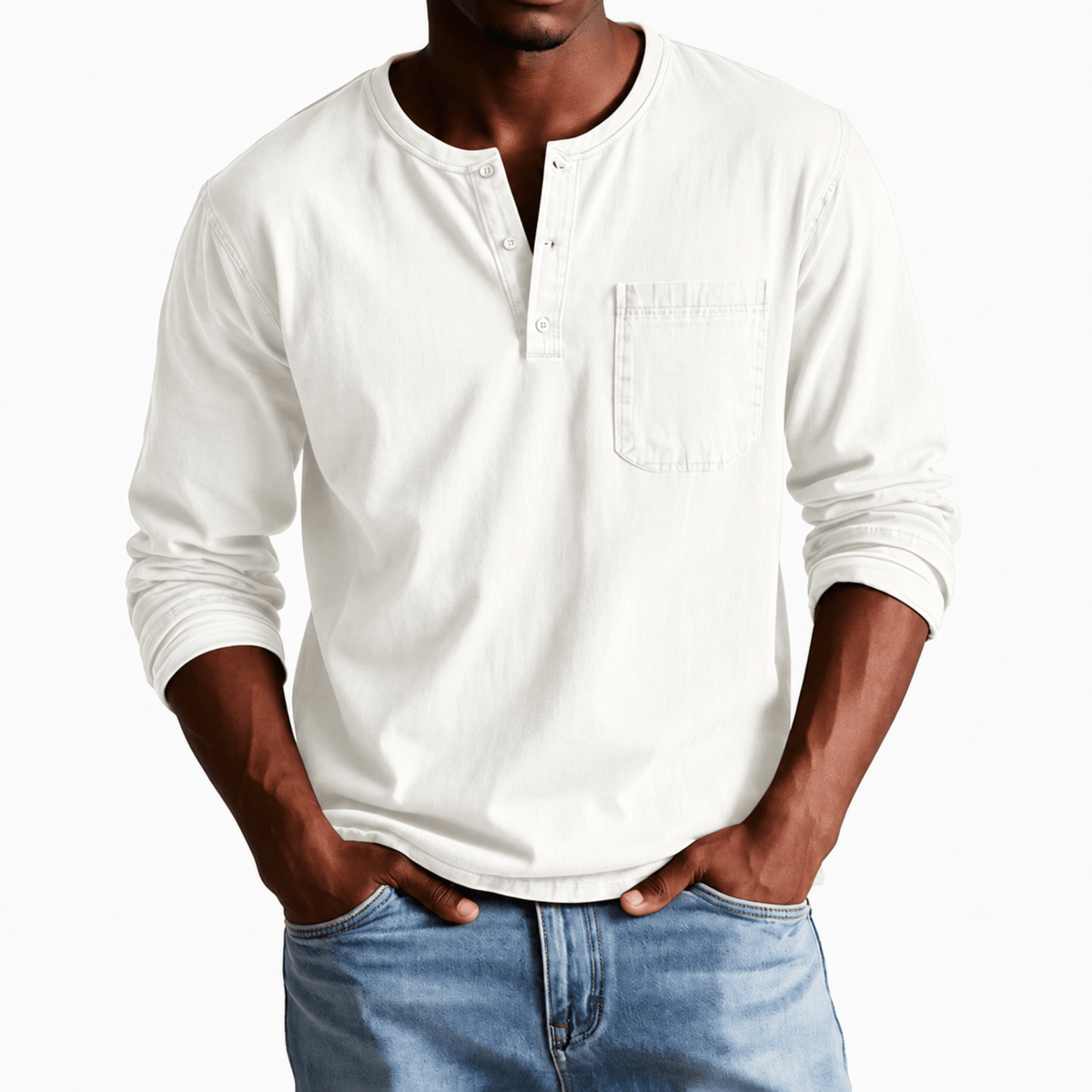 James - Men's Relaxed Fit Long Sleeve Henley T-Shirt - Henley Shirts - White - Parker&Brooks