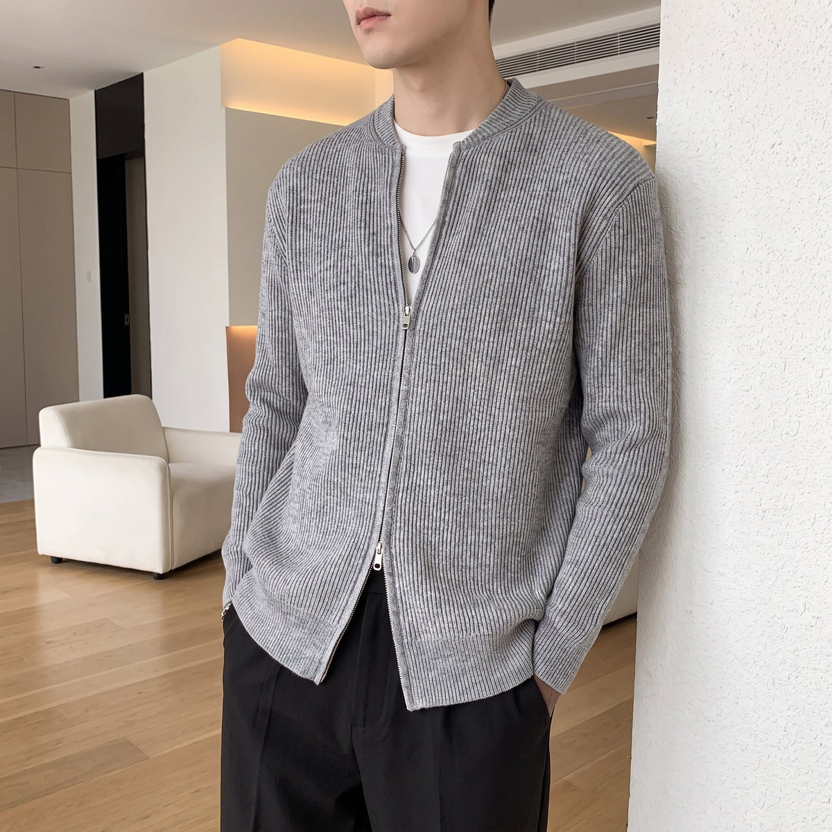 James - Men's Ribbed Knit Zip-Up Cardigan Sweater - Cardigans - Grey - Parker&Brooks