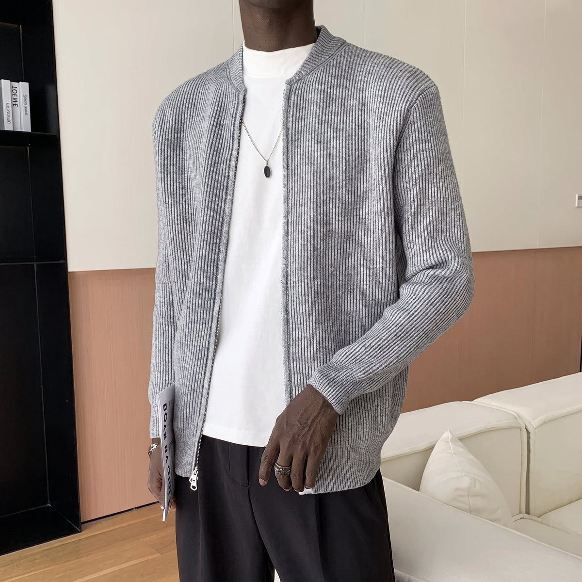 James - Men's Ribbed Knit Zip-Up Cardigan Sweater - Cardigans - Grey - Parker&Brooks