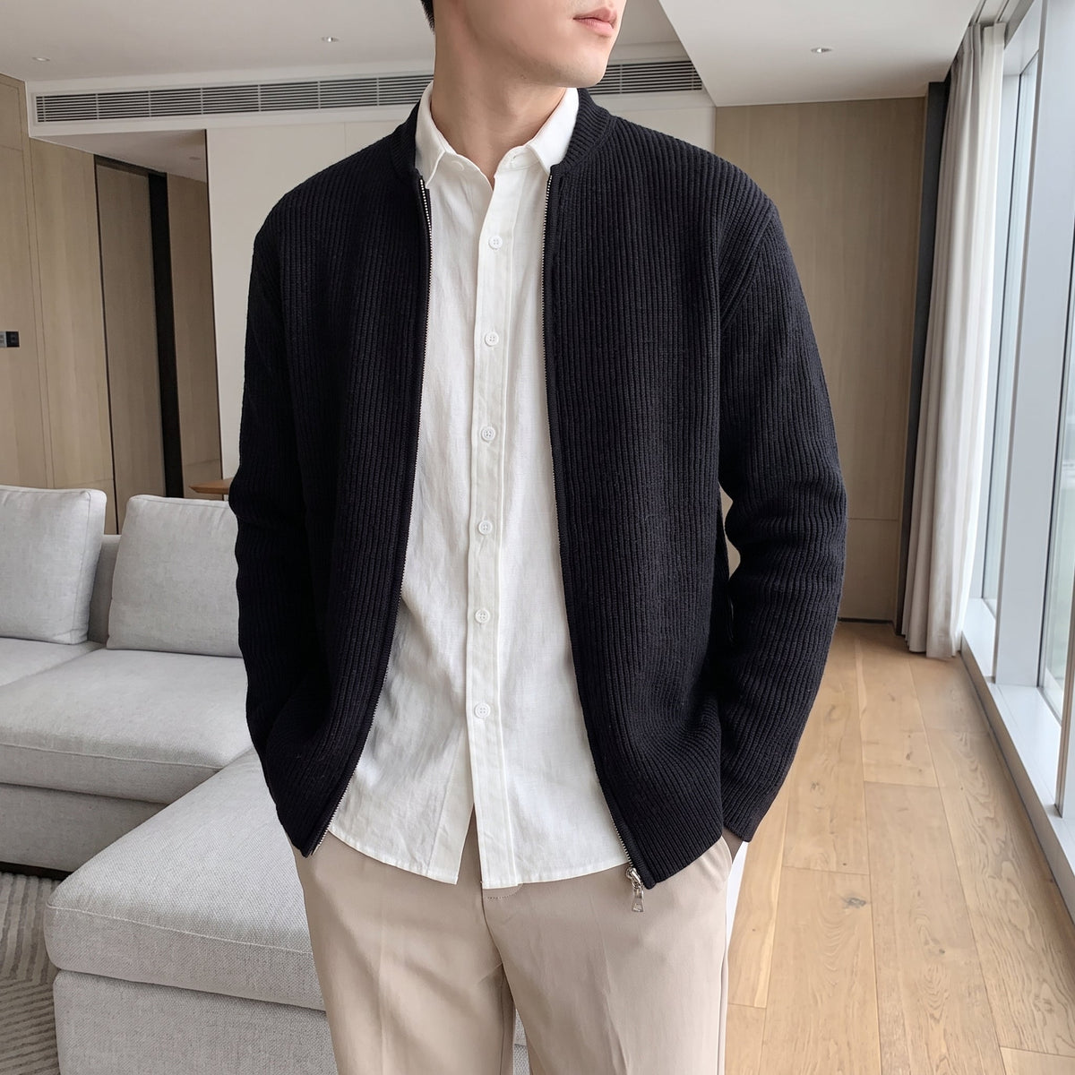 James - Men's Ribbed Knit Zip-Up Cardigan Sweater - Cardigans - Black - Parker&Brooks