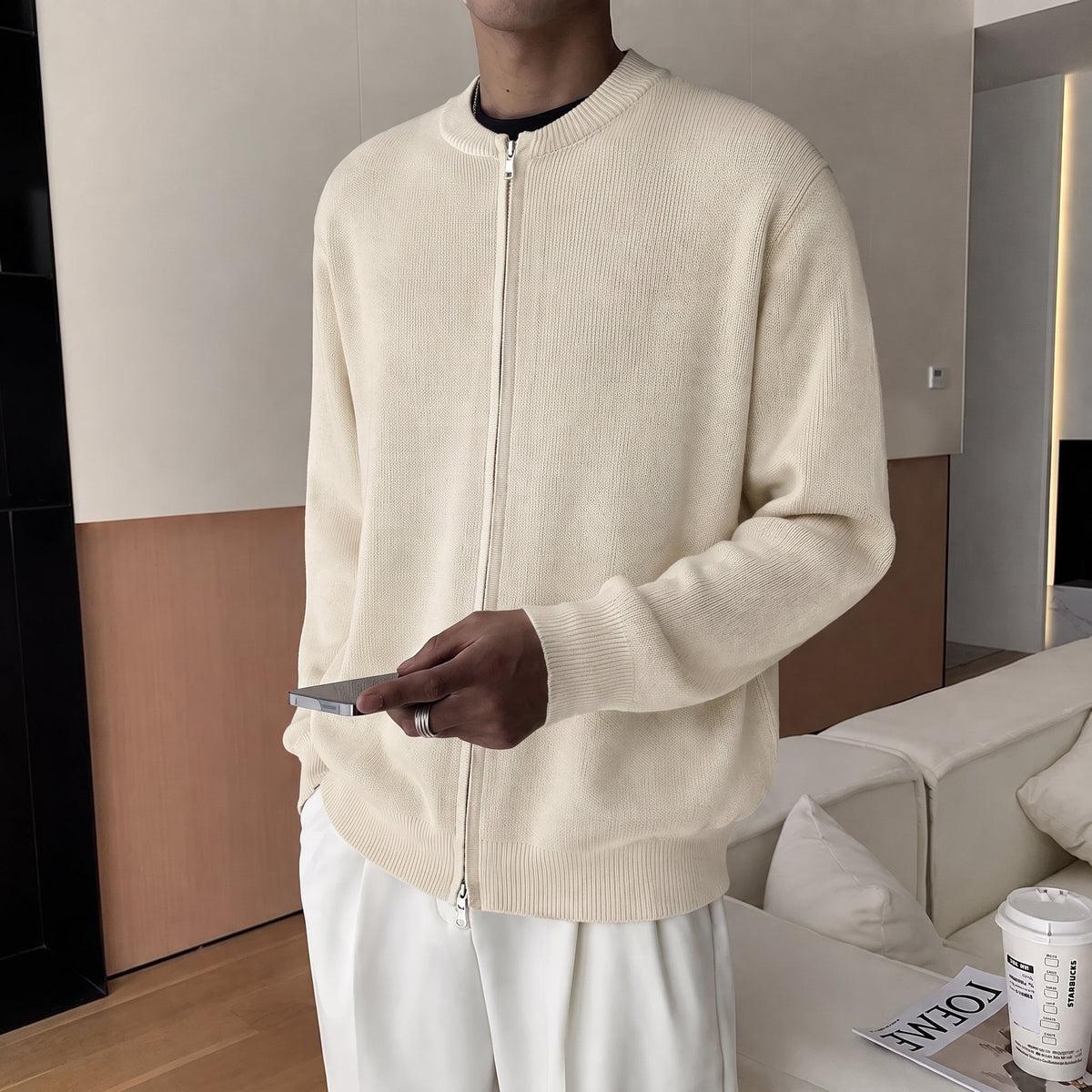 James - Men's Ribbed Knit Zip-Up Cardigan Sweater - Cardigans - Beige - Parker&Brooks