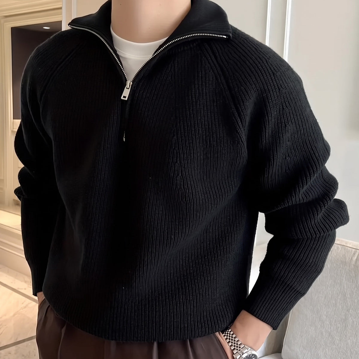 James - Men's Ribbed Quarter-Zip Sweater with Collared Neck - Sweaters - Beige - Sarvento