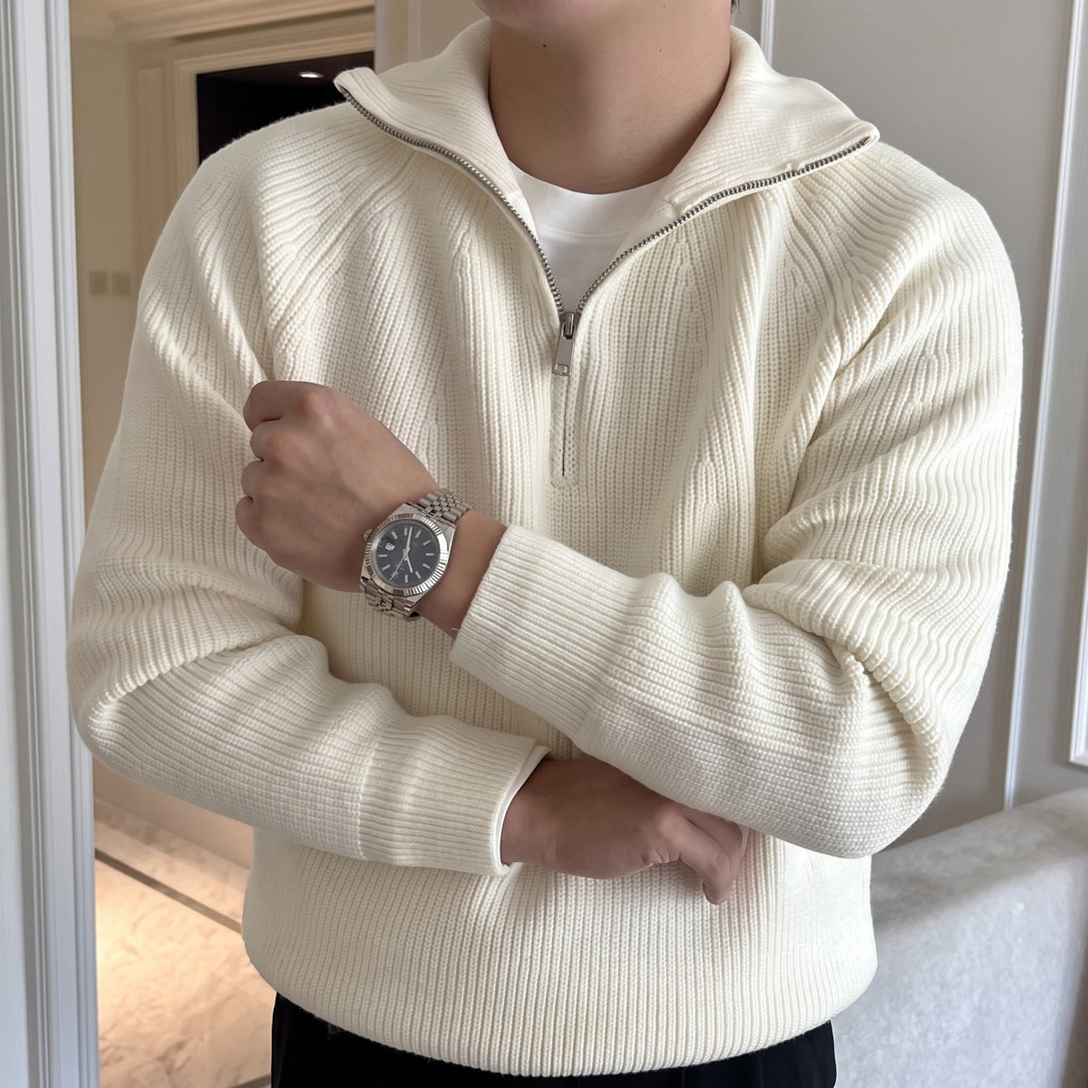 James - Men's Ribbed Quarter-Zip Sweater with Collared Neck - Sweaters - Beige - Sarvento