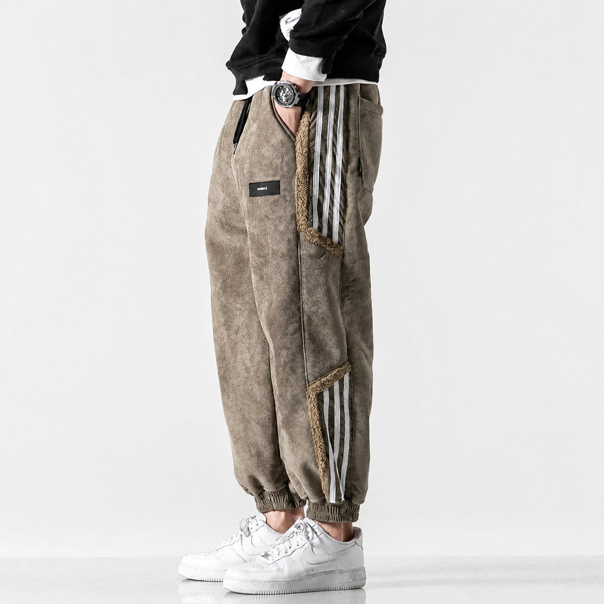 James - Men's Sherpa-Lined Striped Cargo Joggers with Elasticated Cuffs - Joggers - Khaki - Parker&Brooks