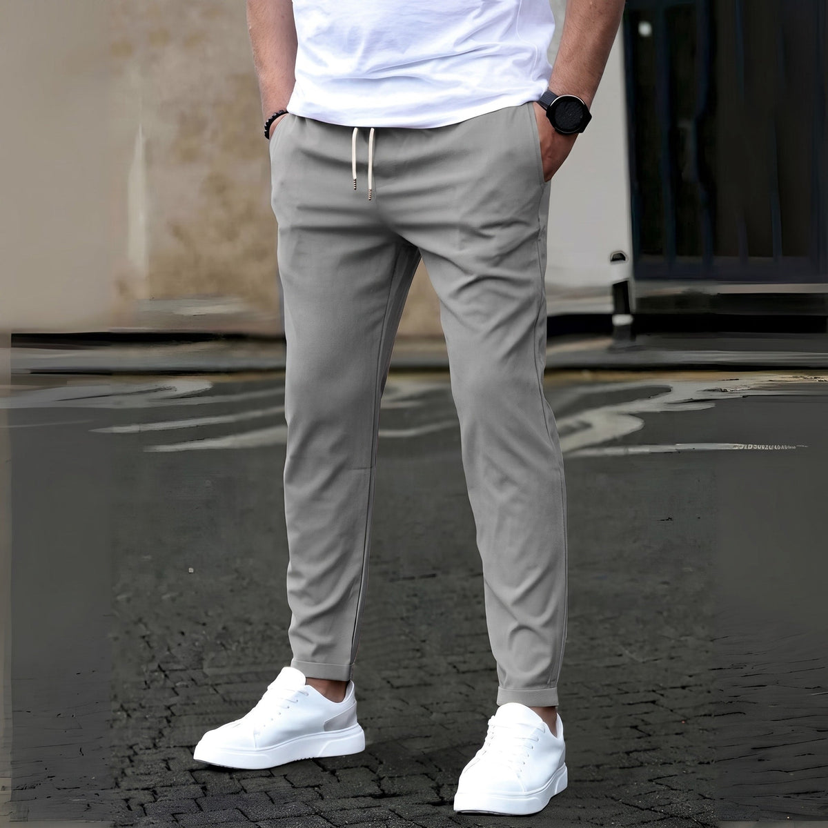 James - Men's Slim Fit Drawstring Jogger Trousers - Trousers - Light Gray - Parker&Brooks