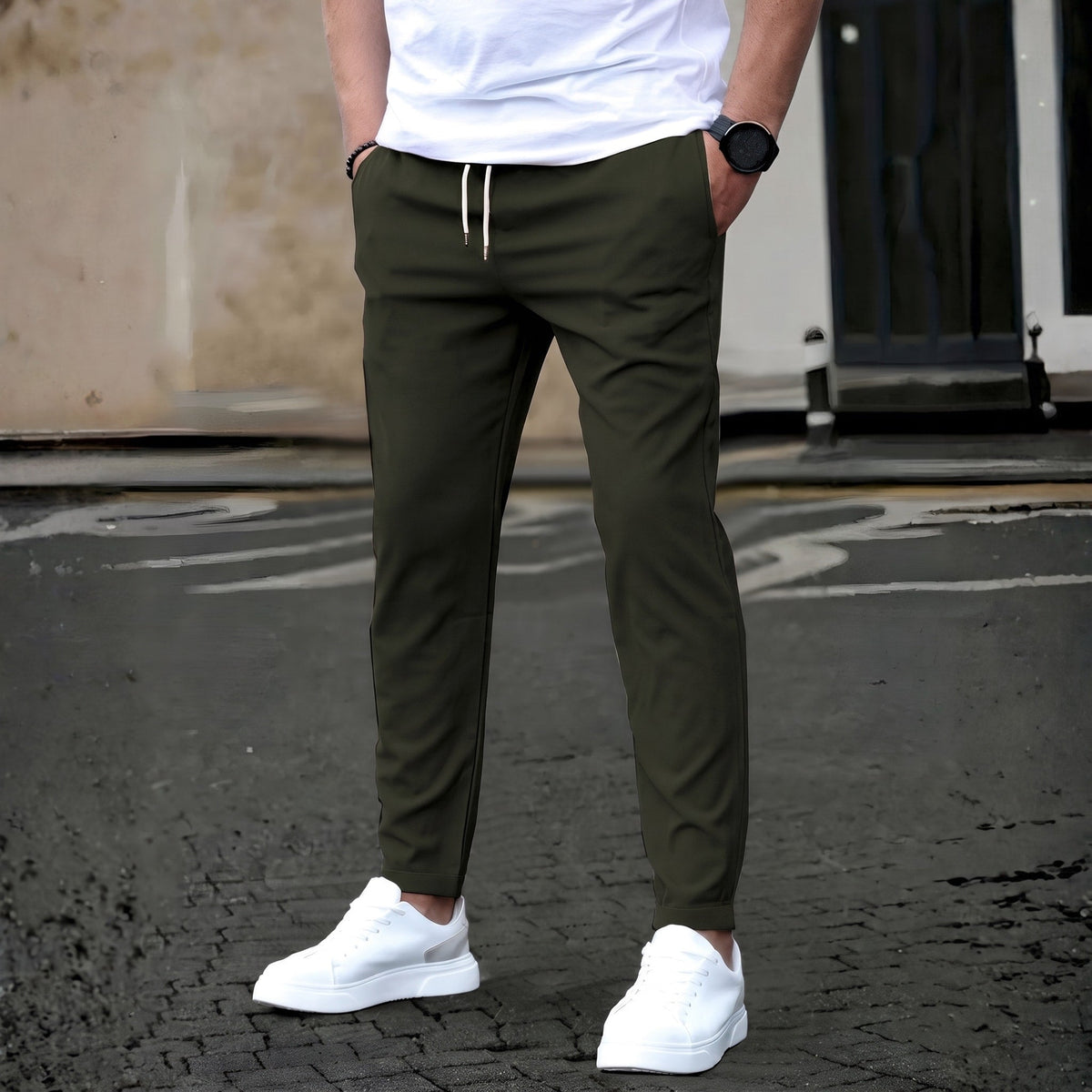 James - Men's Slim Fit Drawstring Jogger Trousers - Trousers - Army Green - Parker&Brooks