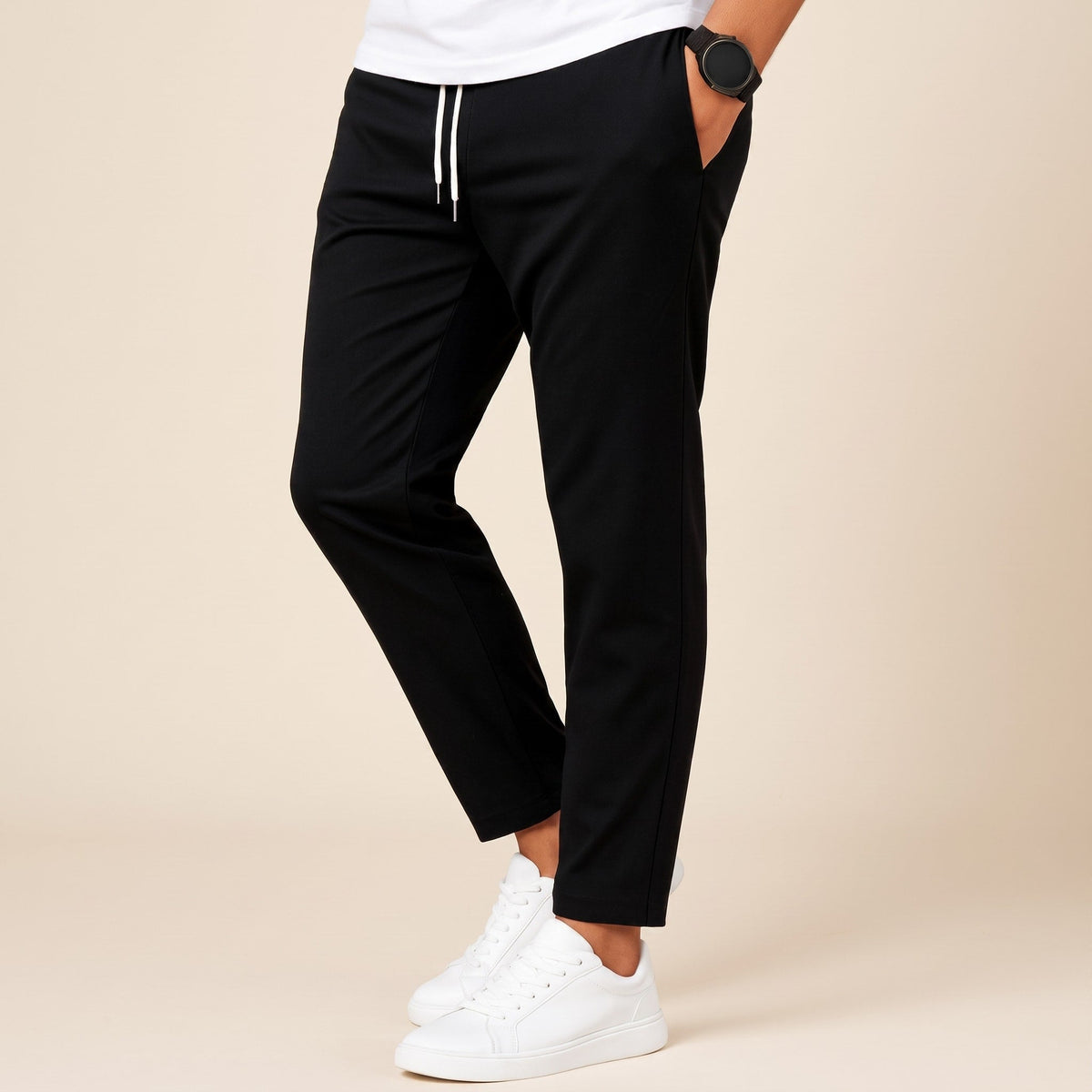 James - Men's Slim Fit Drawstring Jogger Trousers - Trousers - Black - Parker&Brooks