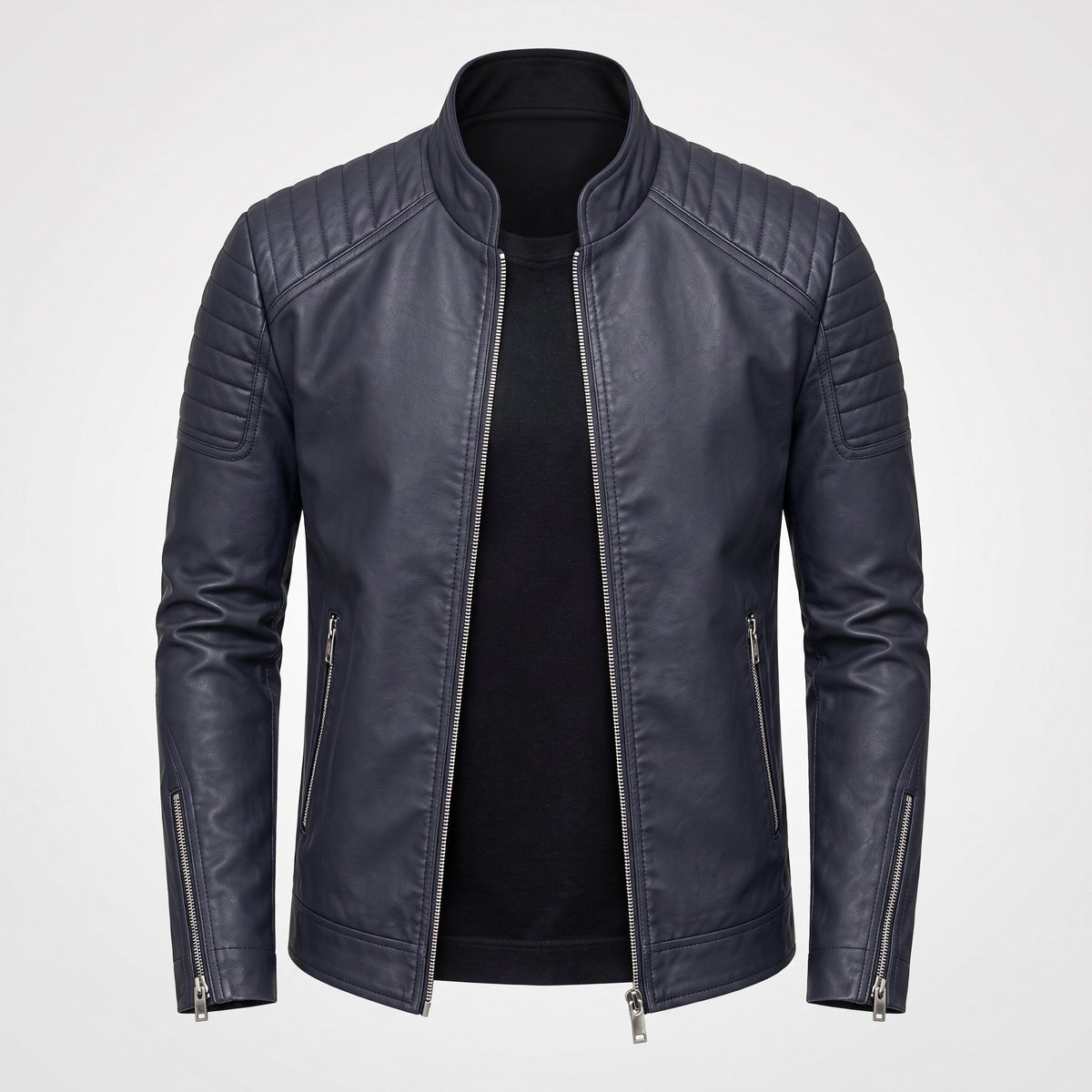 James - Men's Slim Fit Leather Biker Jacket with Snap Collar - Motorcycle Outerwear - Black - Parker&Brooks