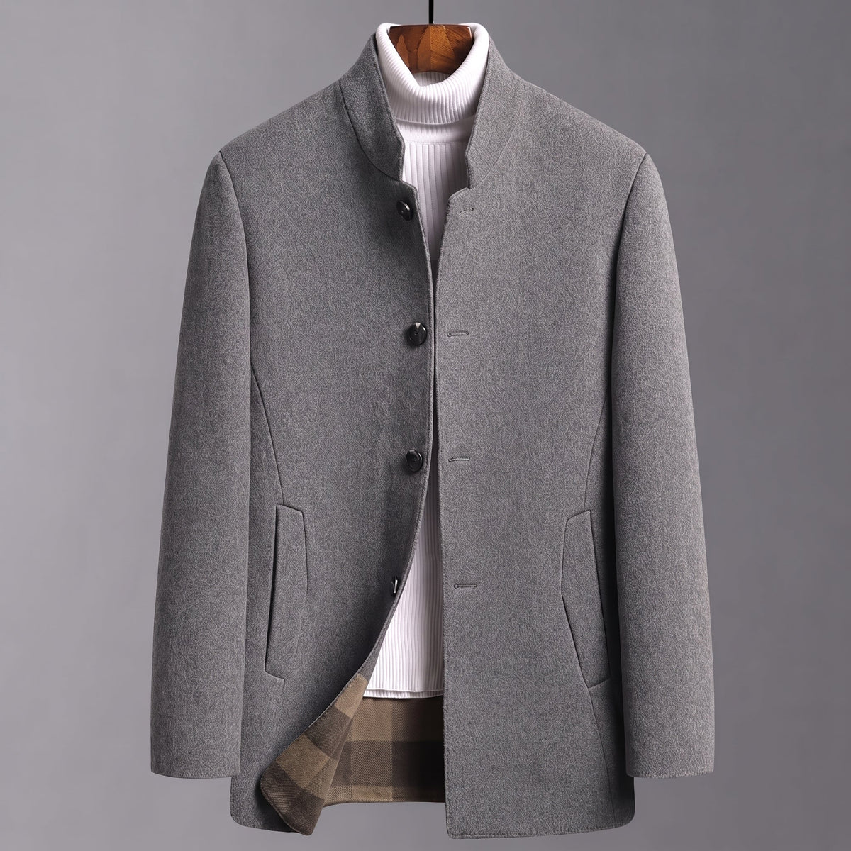 James - Men's Tailored Stand Collar Wool Blend Coat - Overcoats - Light Gray - Parker&Brooks